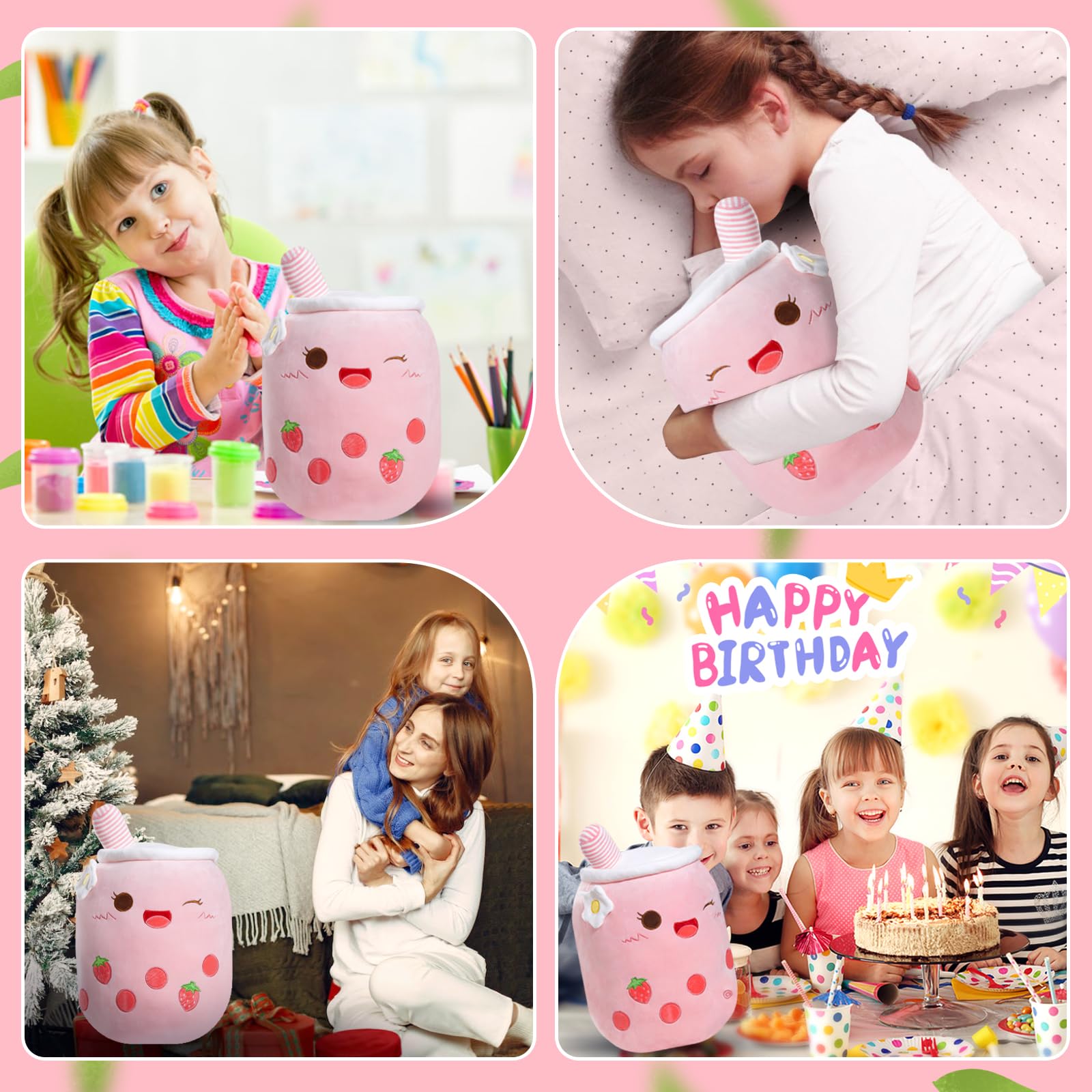 Athoinsu Pink Strawberry Tea Plush Pillow 20' Giant Kawaii Stuffed Bubble Animal Toy Birthday Christmas Holiday Valentines Gift