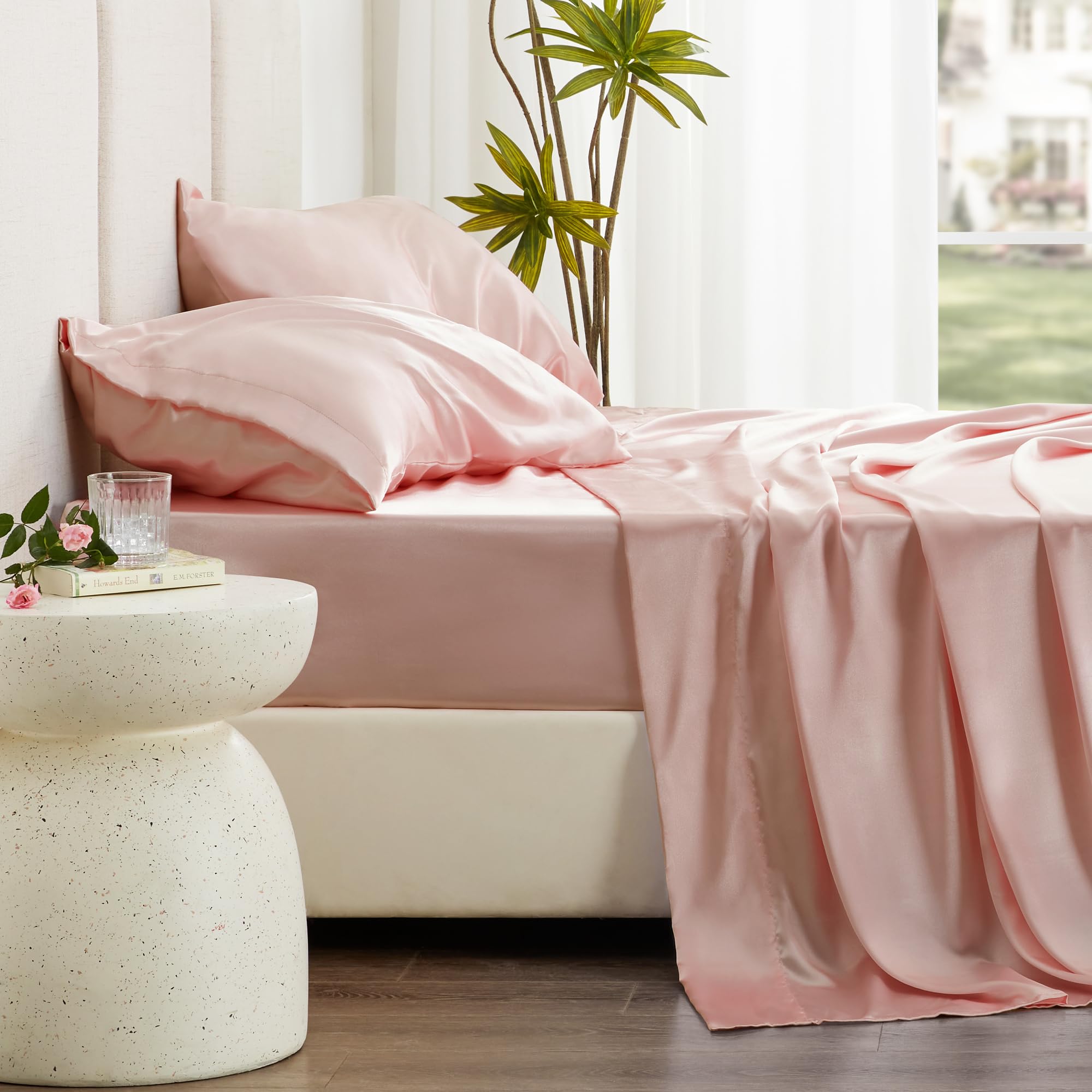Love'S Cabin California King Satin Sheet Sets - 4 Piece Coral Silky Satin Sheets Bed Set With Deep Pocket, Luxury Silk Feel Satin Cal King Sheet Set (1 Flat Sheet,1 Fitted Sheet,2 Pillow Cases)