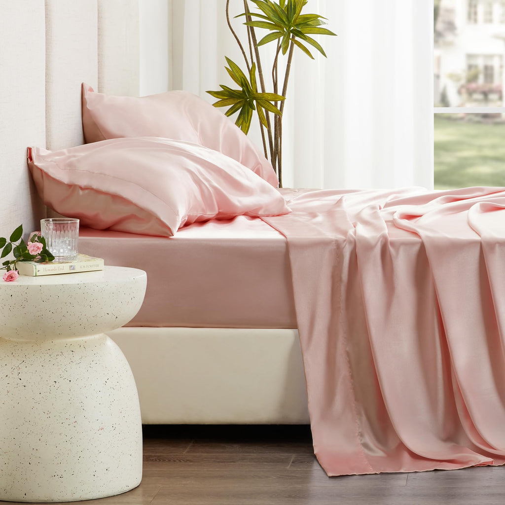 Love'S Cabin Twin Satin Sheets Sets - 3 Piece Coral Silky Satin Bed Sheets Twin With Deep Pockets, Luxury Silk Feel Satin Twin Size Sheet Set Bedding Set (1 Flat Sheet,1 Fitted Sheet,1 Pillow Case)