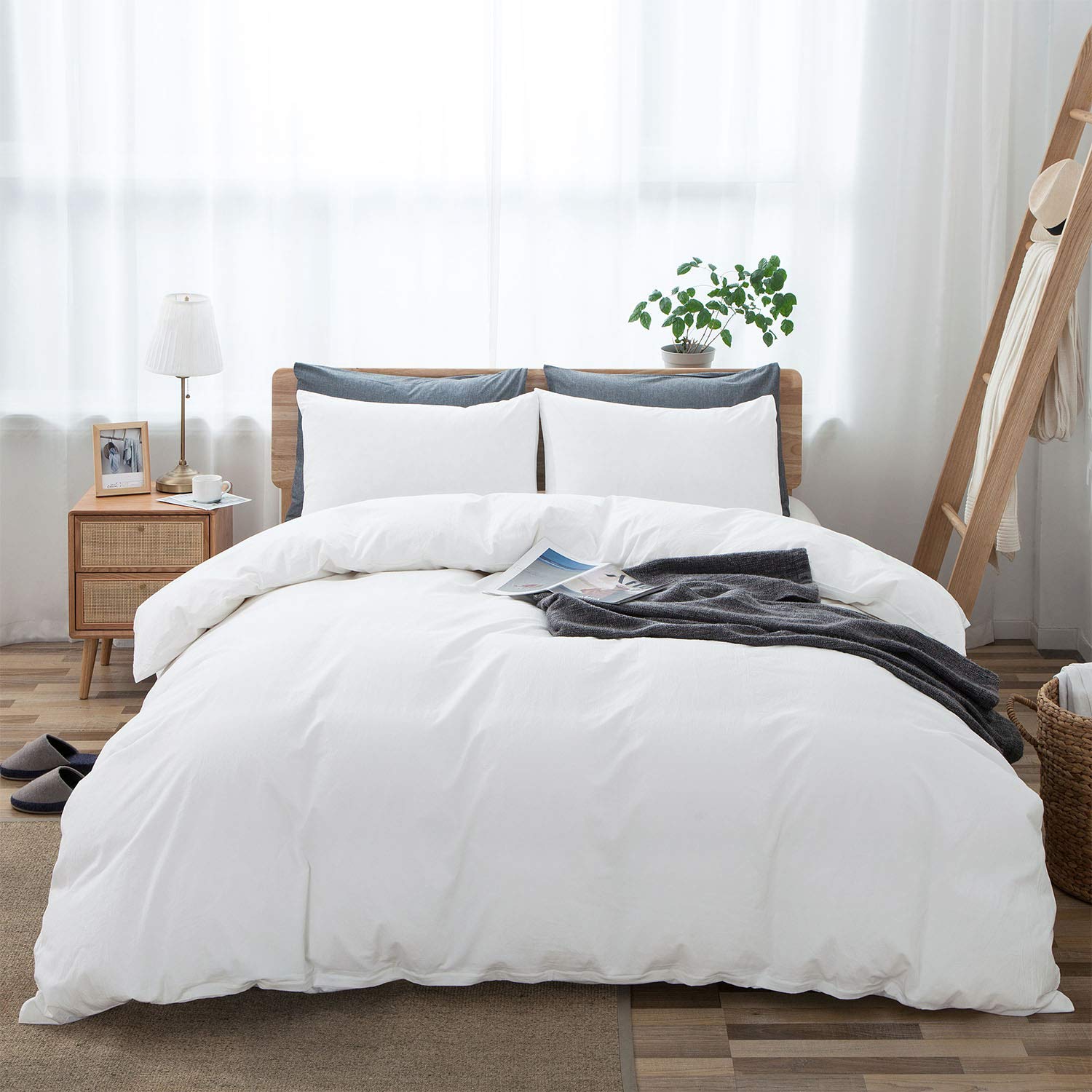 Lovque 100% Washed Cotton Duvet Cover Queen Size, White Linen Like Breathable Natural Bedding Set (No Comforter), 90X90 Inches