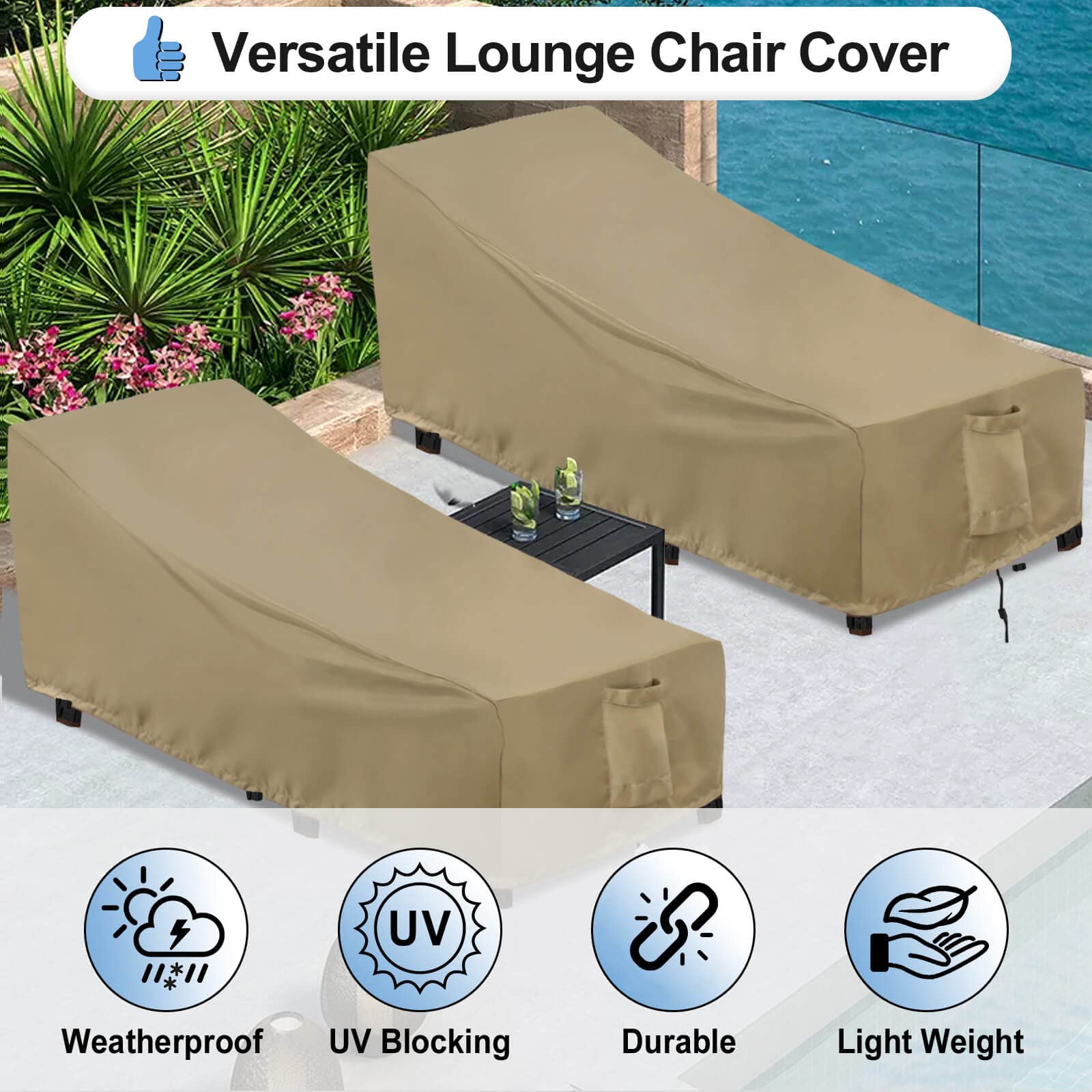 OutdoorLines Waterproof Patio Chaise Lounge Chair Cover, UV Resistant, Heavy Duty, Camel, 2 Pack, 78x35.5x33 Inches