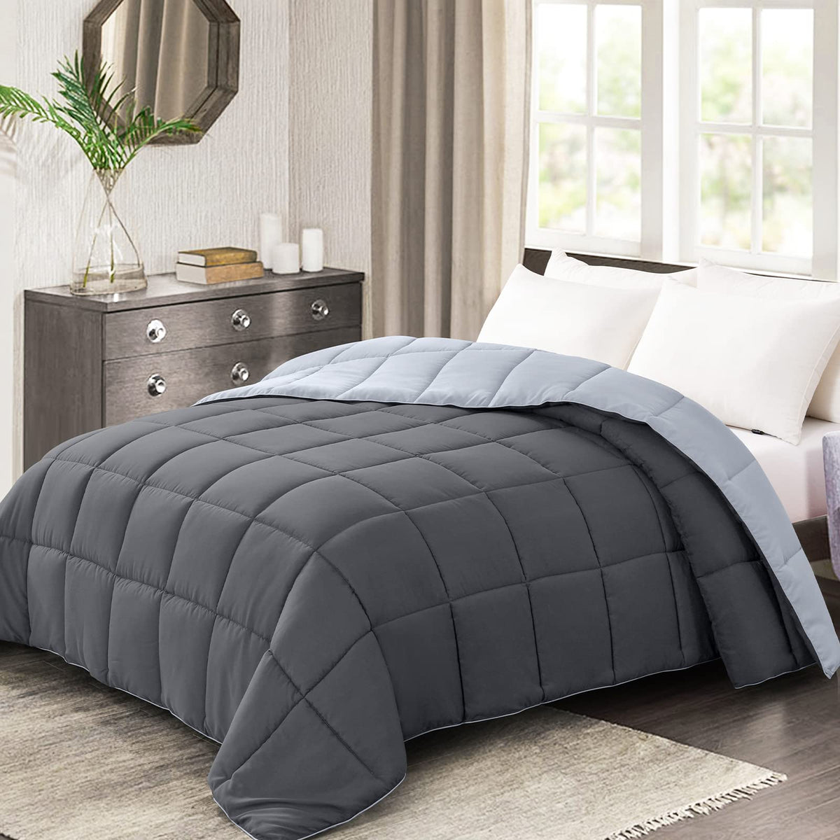 Homelike Moment Oversized Queen Comforter - Grey Lightweight Down Alternative Bedding Comforters, All Season Duvet Insert Quilte