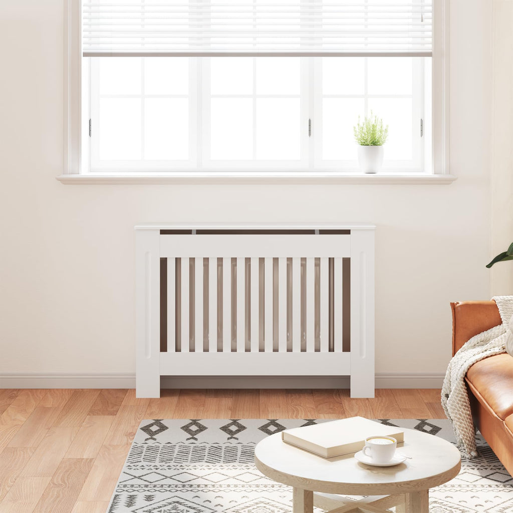 vidaXL Radiator Cover, Slatted Design Heater Cover Cabinet with Top Storage Shelf, Hide Cluttered Pipes, MDF, 44.1''x7.5''x32.1'', White