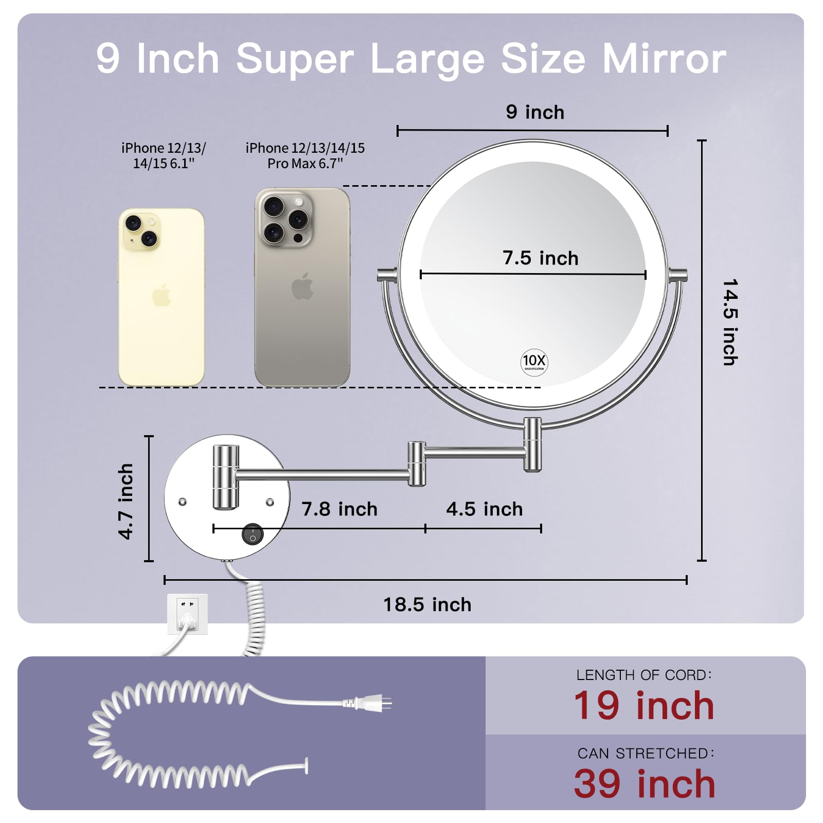 Benbilry 9' Wall Mounted Lighted Makeup Mirror With Magnification 10X, Large Size Double Sides Led Vanity Mirror, 10X Magnifyin