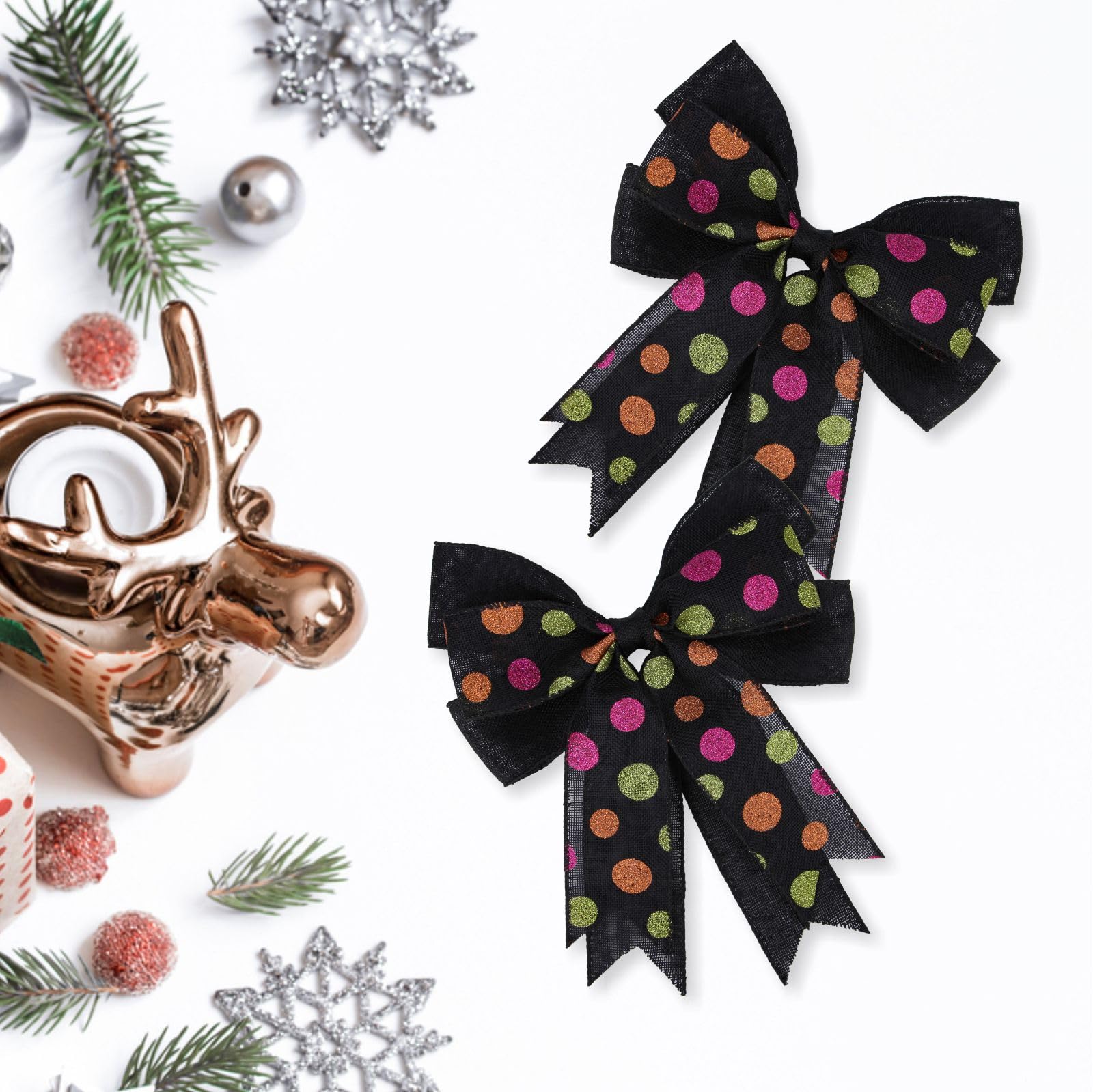 Meseey 2 Pcs Large Black Polka Dot Burlap Bow 10.8 X 8.8 Inch Halloween Wreath Decoration Bows For Baby Shower Party Holiday Gif