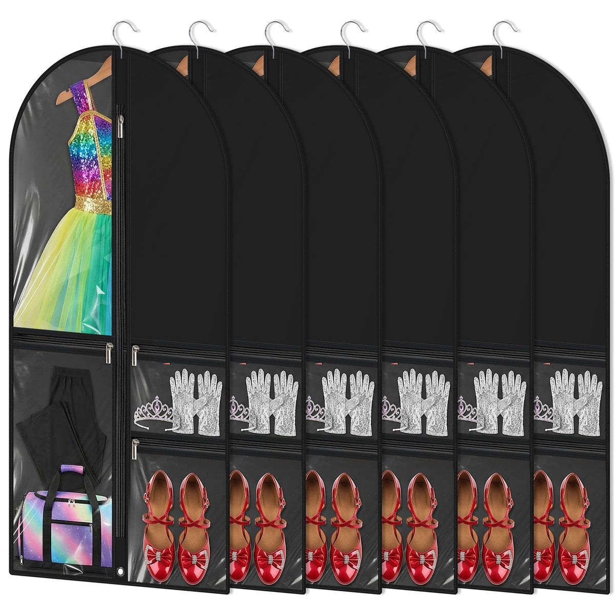 6pcs Dance Garment Bags, 40Inch Clear PVC Costumes Bags, Black, 20 X 40