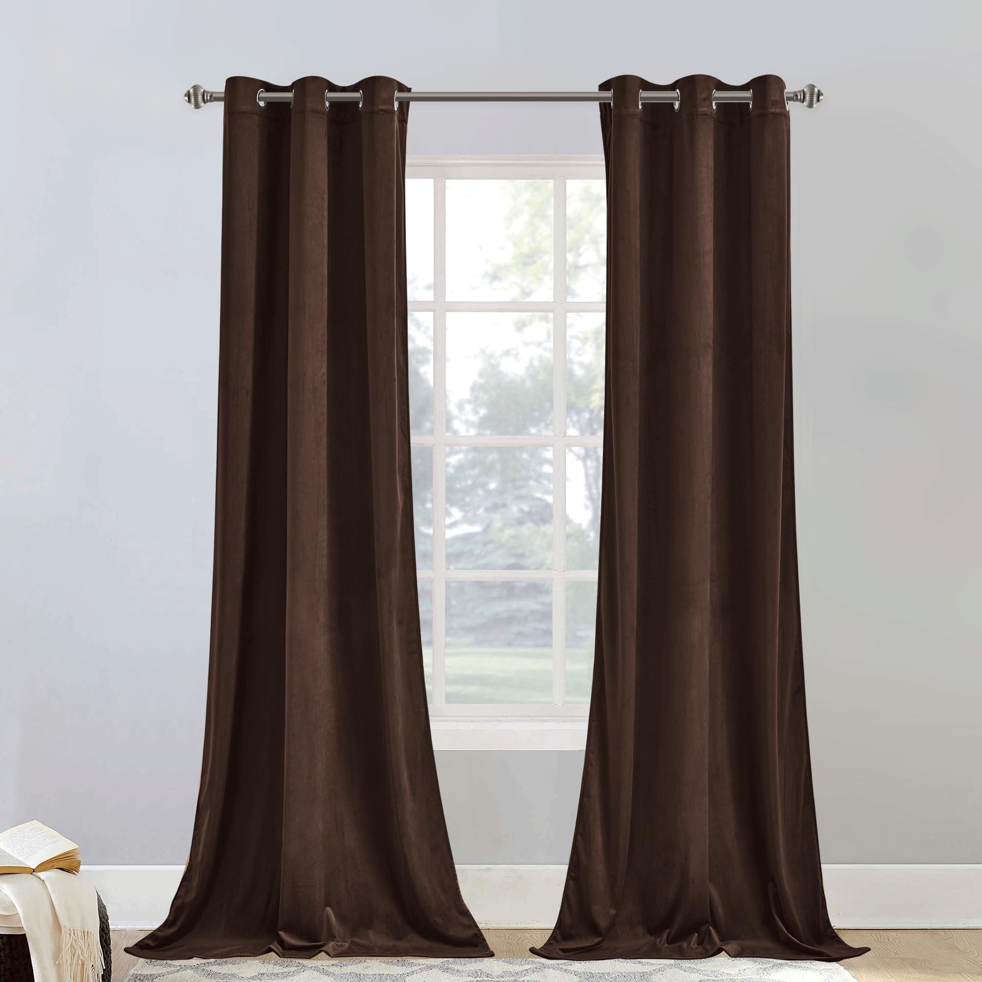 Stangh Brown Velvet Curtains Room Darkening 84 Inches Long For Bedroom, Soft Thermal Insulated Window Drapes Sound Dampening Wit