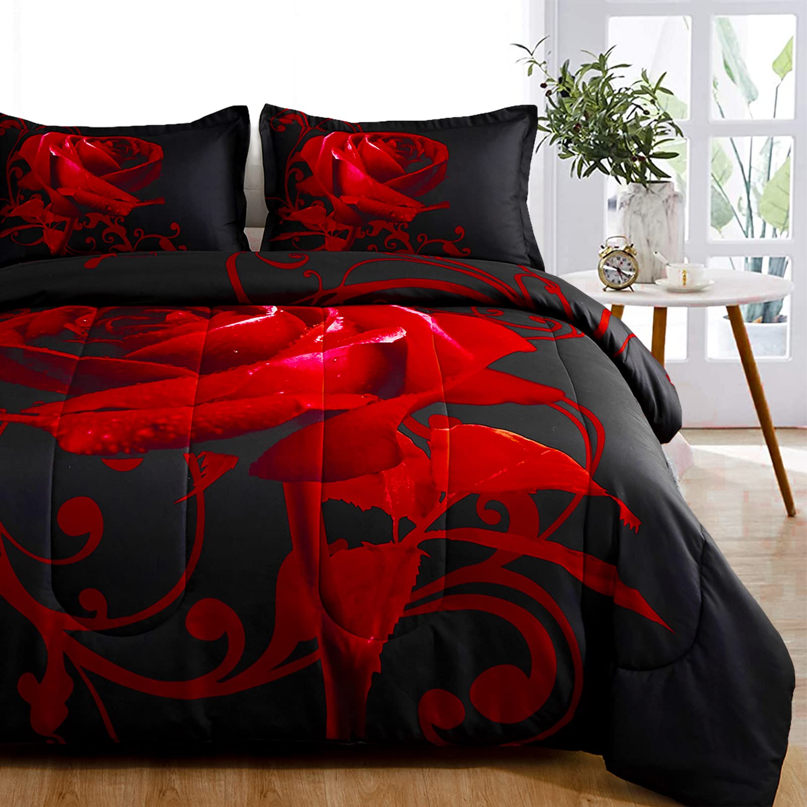 Wongs Bedding Red Comforter Set King Valentine'S Day Reversible Red Rose Pattern Printed Bedding Down Comforter With 2 Pillowcas