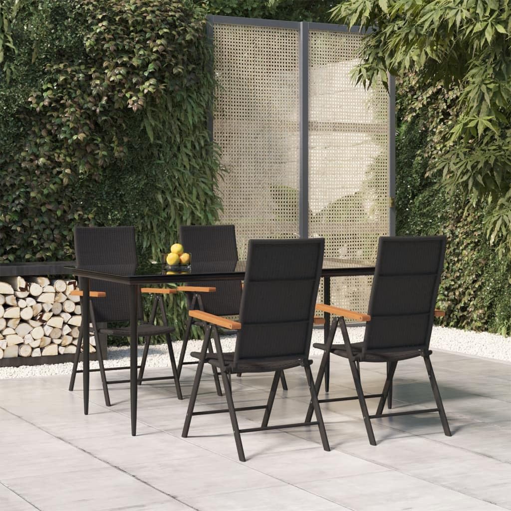 vidaXL Patio Dining Set 5 Piece - Reclining Chairs - Black & Brown - PE Rattan - Tempered Glass Table - Outdoor Furniture - Garden/Patio