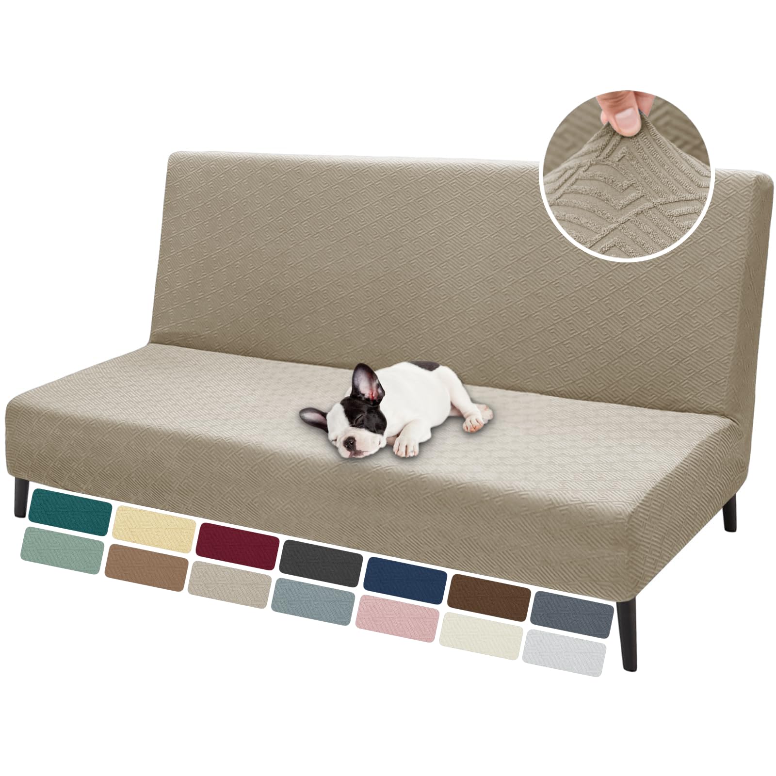 Znsayotx Armless Futon Covers Full Size (67'-82') Stretch Jacquard Sofa Bed Slipcovers, Striped Queen Futon Cover With Non-Slip Elastic Bottom, Soft Cozy Futon Mattress Cover Washable (Khaki)