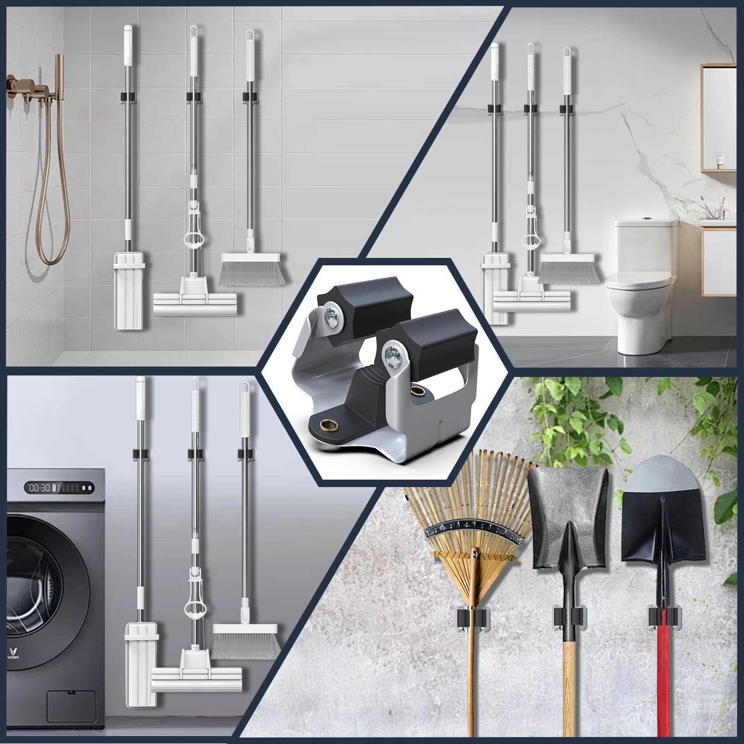 3-H Mop And Broom Holder, Broom Hanger 10 Pack, Broom Holder Wall Mount For Hanging And Organizing Shovel,Rake,Brush,Yard Tools In Kitchen,Laundry Room,Bathroom,House(Black)