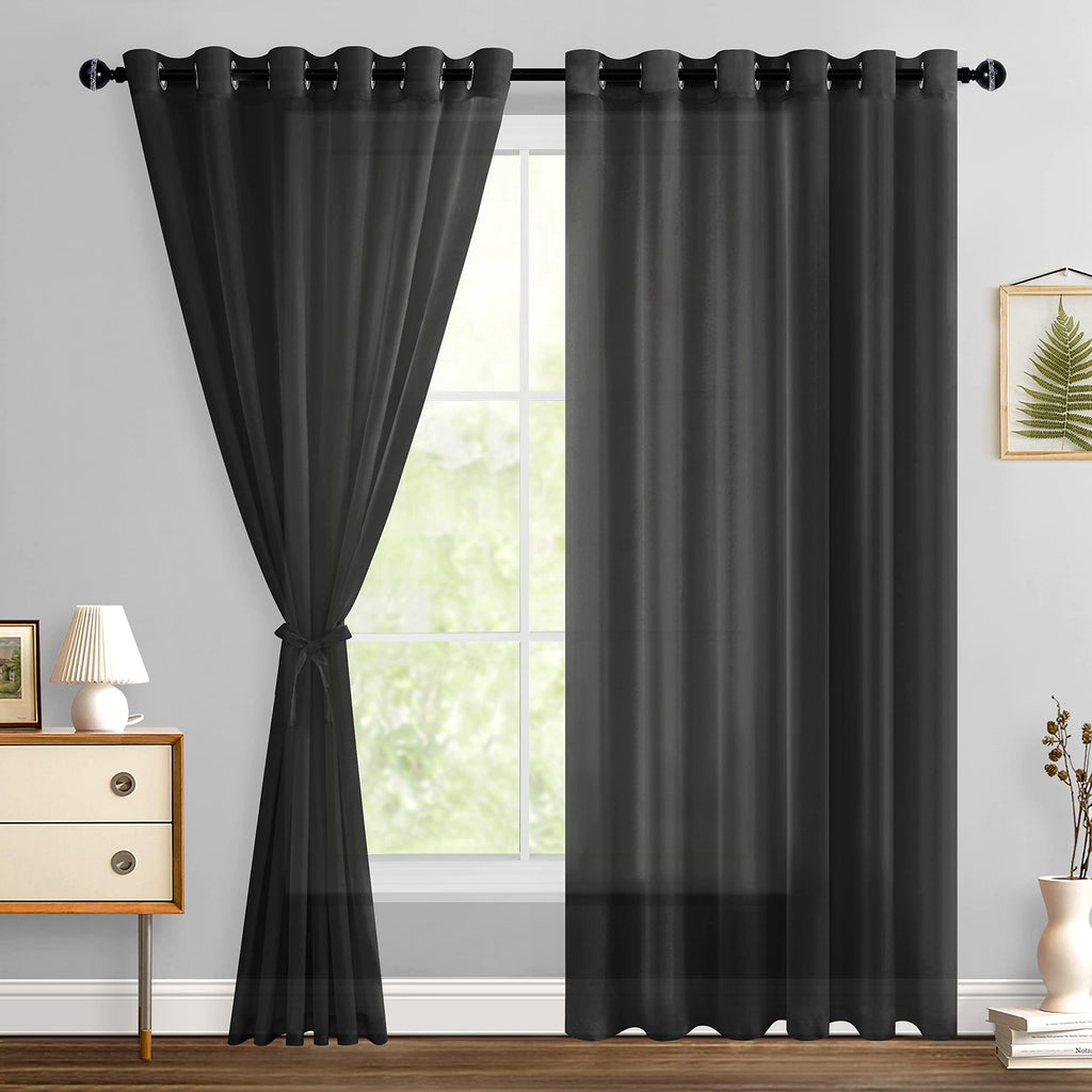 Hiasan Black Sheer Curtains For Bedroom With Tiebacks, Grommet Light Filtering Extra Wide Voile Texture Window Curtains For Living Room, Kids' Room And Nursery, W70 X L84, 2 Soft Drape Panels