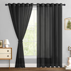 Hiasan Black Sheer Curtains For Bedroom With Tiebacks, Grommet Light Filtering Extra Wide Voile Texture Window Curtains For Living Room, Kids' Room And Nursery, W70 X L84, 2 Soft Drape Panels