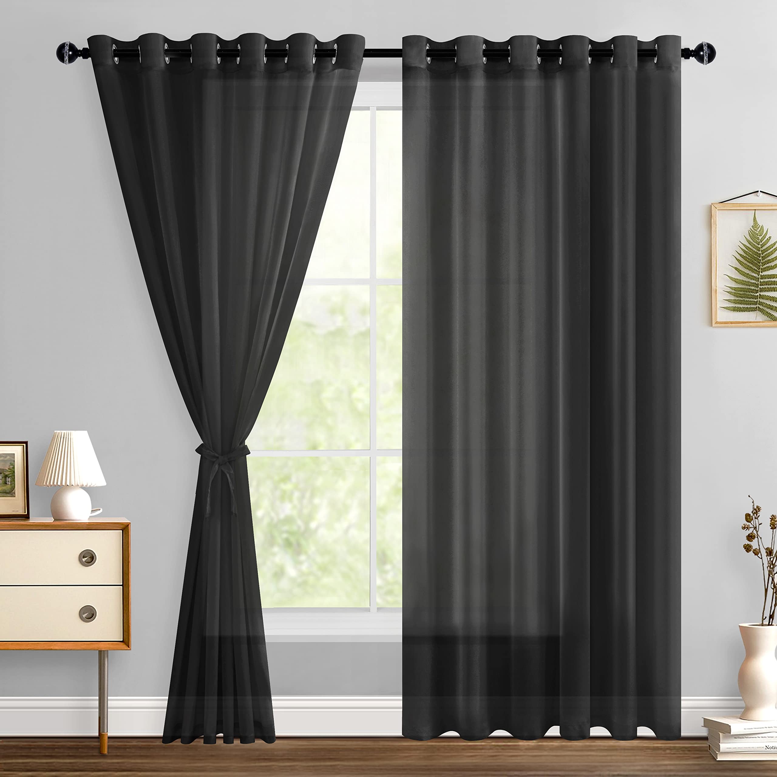 Hiasan Black Sheer Curtains For Bedroom With Tiebacks, Grommet Light Filtering Extra Wide Voile Texture Window Curtains For Living Room, Kids' Room And Nursery, W70 X L84, 2 Soft Drape Panels