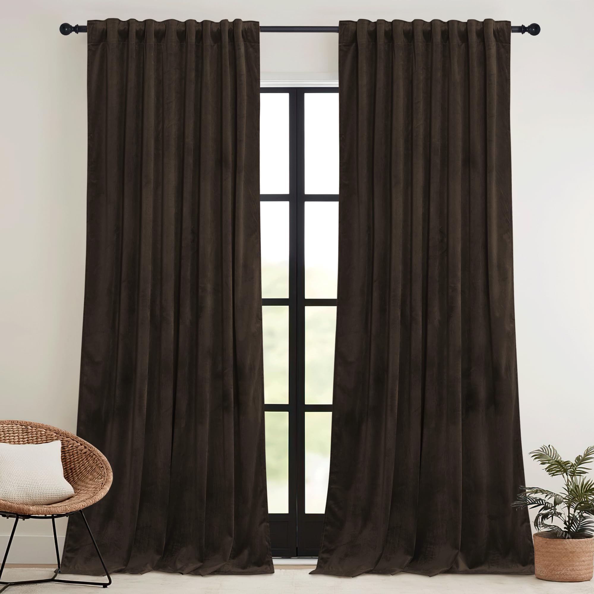 Ryb Home Brown Blackout Curtains 90 Inches Long Velvet, Room Darkening Thermal Insulated Drapes With Hook Belt For Bedroom Home