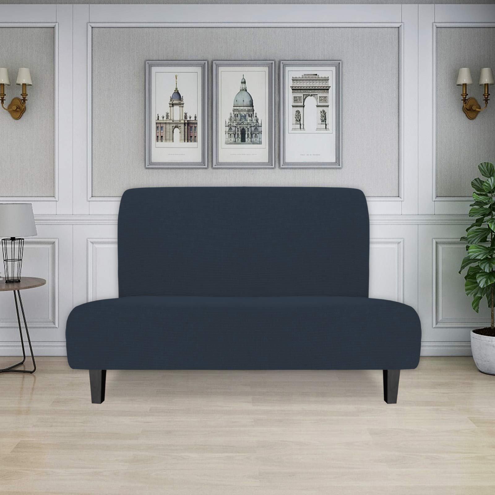 Easy-Going Stretch Futon Slipcover Armless Futon Bed Cover Furniture Protector Without Armrests With Elastic Bottom For Kids, Soft Jacquard Fabric Small Checks (Medium, Dark Blue)