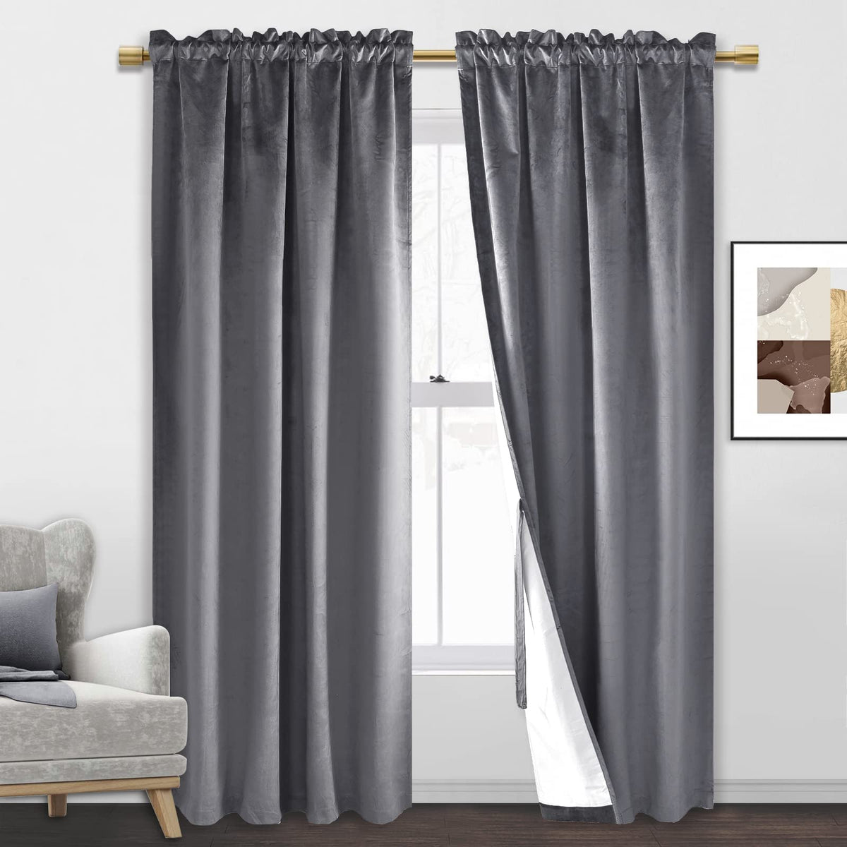 Jiuzhen Grey Velvet 100% Blackout Curtains For Living Room -84 Inches Long Thermal Insualted Room Darkening Rod Pocket Window Dr