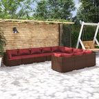 vidaXL 10-Piece Patio Lounge Set – Weather-Resistant Poly Rattan, Powder-Coated Steel Frame - Brown PE Rattan Cushioned Loungers with Cinnamon Red Fabric