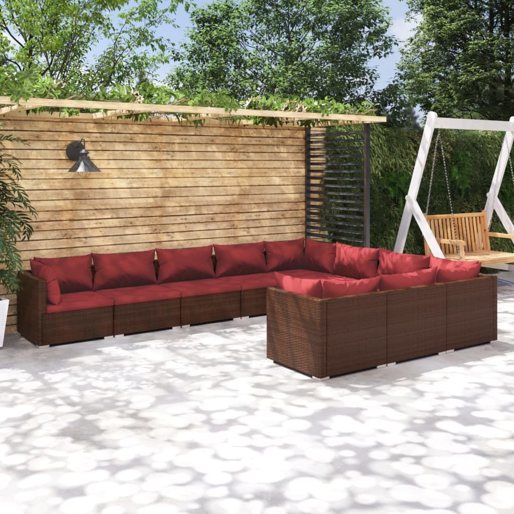 vidaXL 10-Piece Patio Lounge Set – Weather-Resistant Poly Rattan, Powder-Coated Steel Frame - Brown PE Rattan Cushioned Loungers with Cinnamon Red Fabric