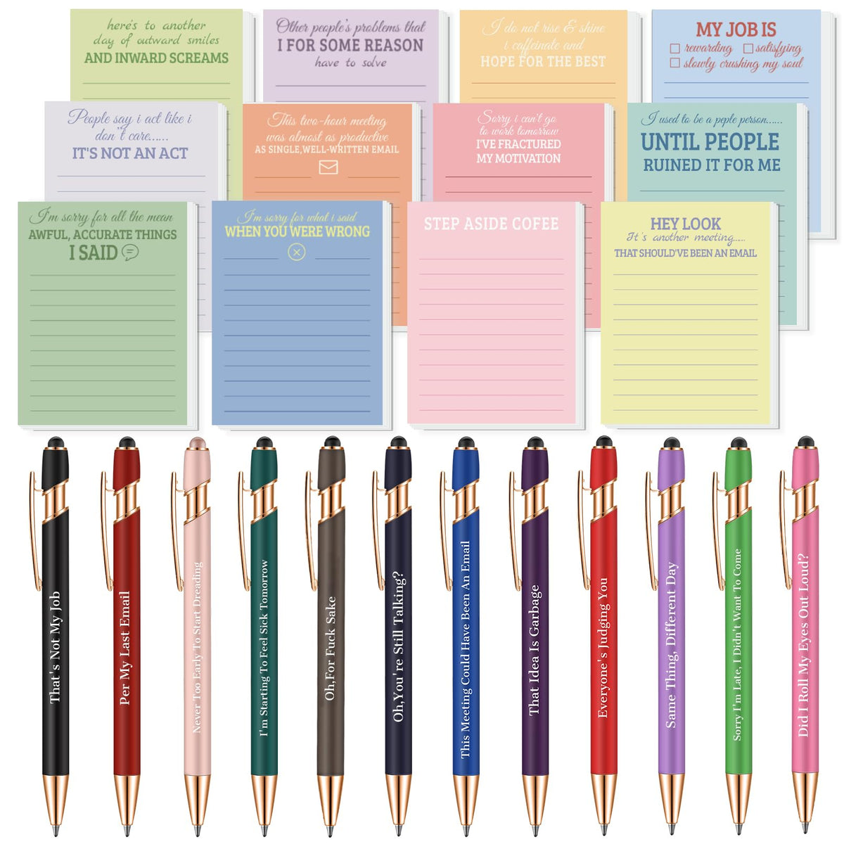 Snarky Funny Office Notepads Pens,24 Pcs Negative Sarcastic Hilarious Quotes Work Ballpoint Pens With Stylus Tip Sticky Notes Fo