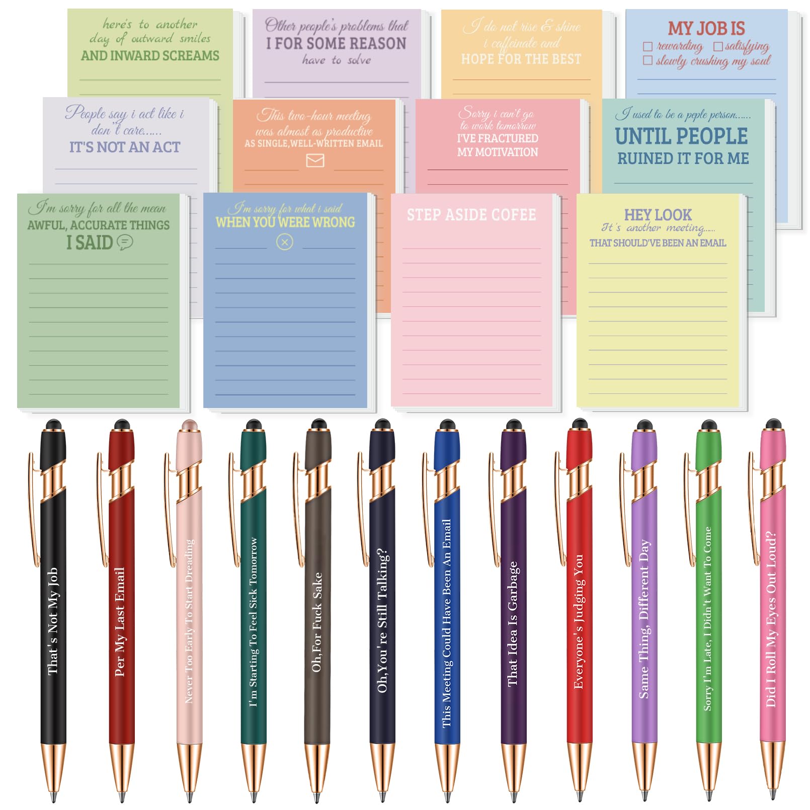 Snarky Funny Office Notepads Pens,24 Pcs Negative Sarcastic Hilarious Quotes Work Ballpoint Pens With Stylus Tip Sticky Notes Fo