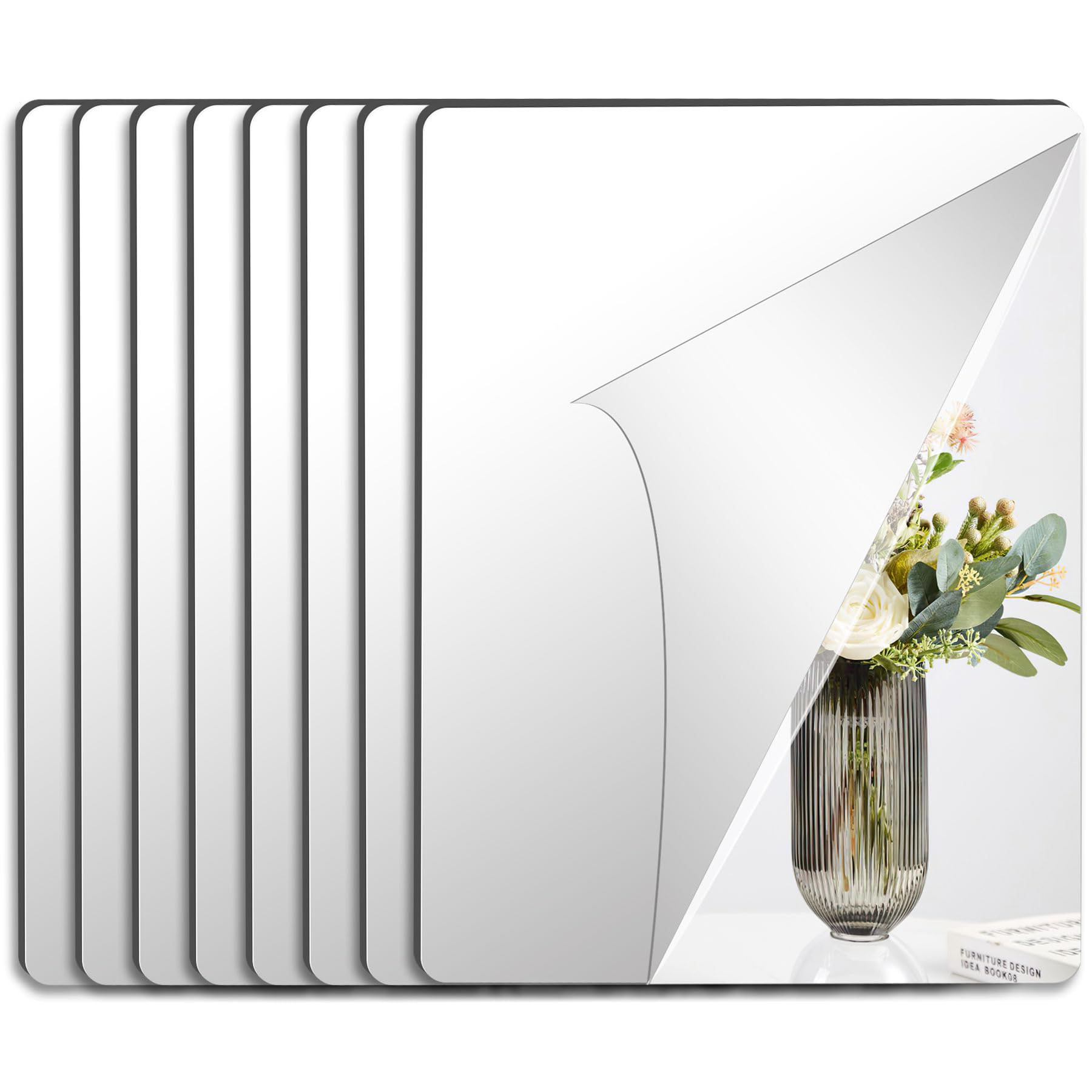 JUNEBRUSHS 8 Pack Self Adhesive Acrylic Mirror, 12x16 Inch Mirror Tiles,Flexible Mirror Sheets Wall Stickers,2MM Thick Mirror,Fr