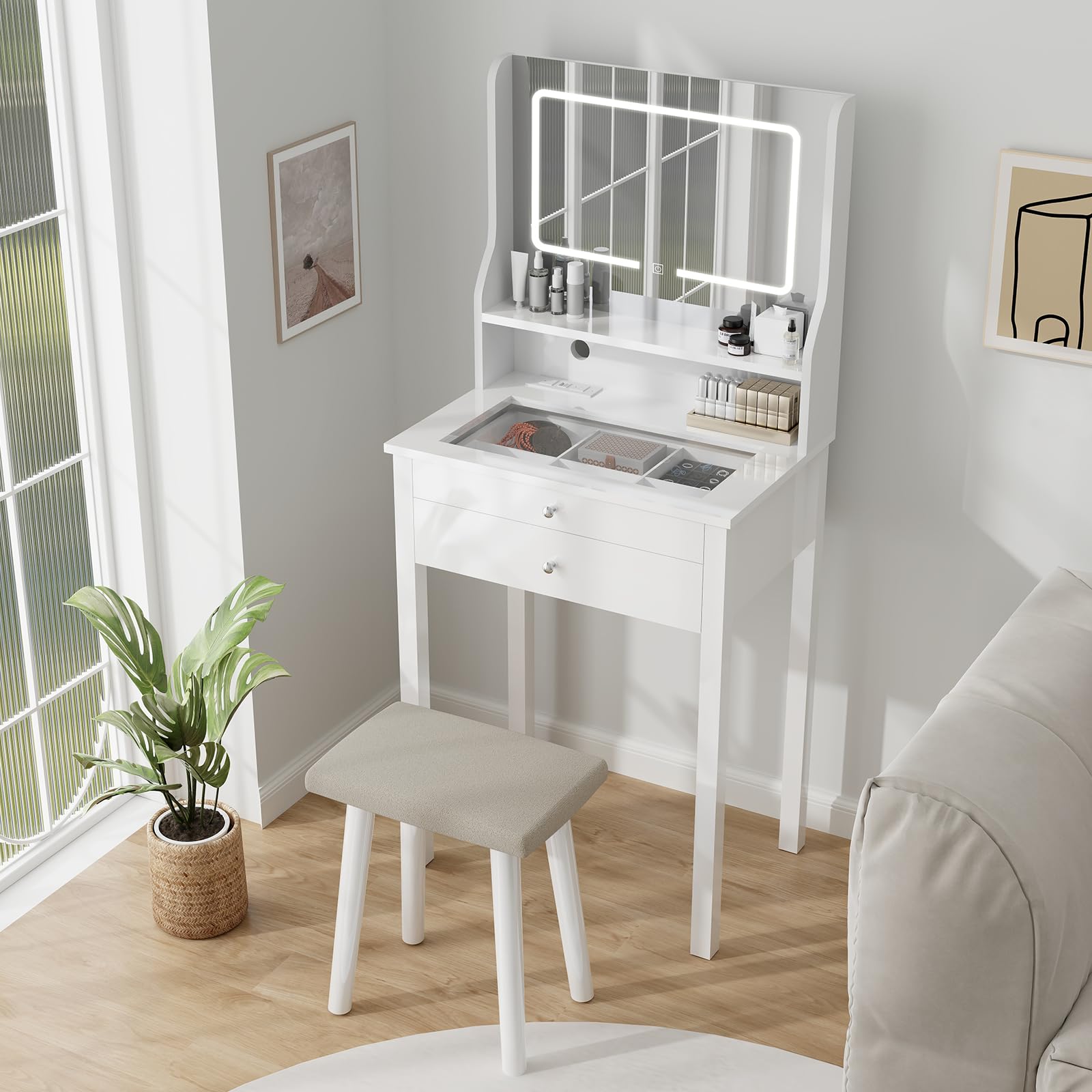 YOURLITE Vanity Desk with Mirror and Lights, Makeup Vanity Set with Chair and Drawers for Small Space, White Dressing Table for 
