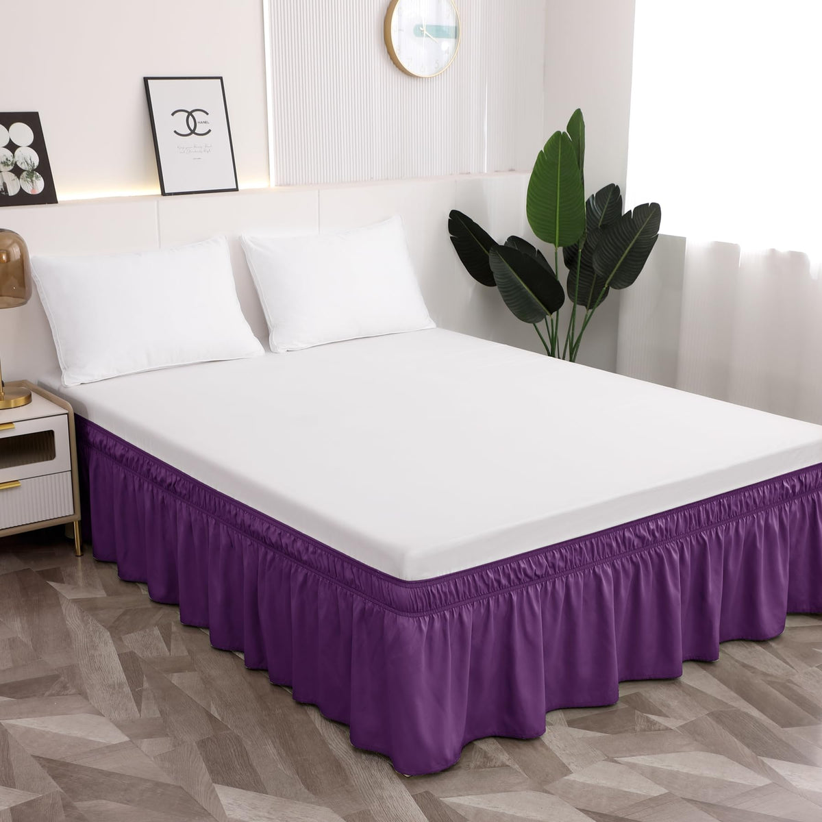 Toodou Purple Bed Skirt 21 Inch Drop Dust Ruffle Only, Three Microfiber Fabric Sides Wrap Around with Elastic, Easy to Install, 