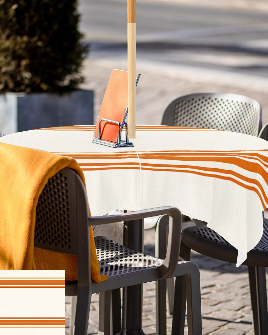 Queenker Fall Outdoor Tablecloth With Umbrella Hole, Farmhouse Orange Stripe Square Tables Zippered Table Cloth Waterproof Table