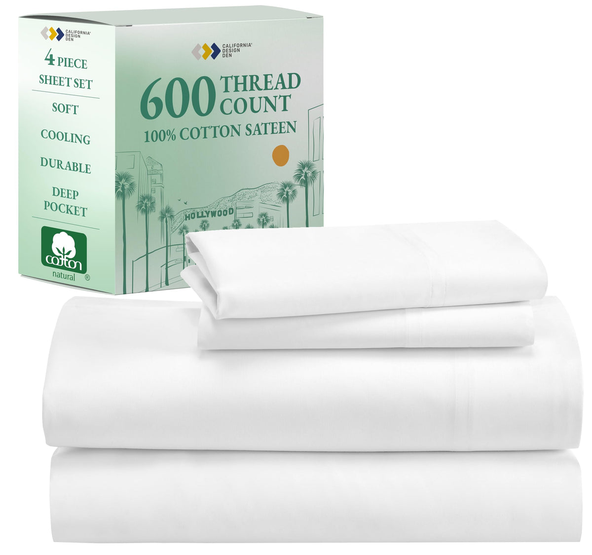 California Design Den King Sheets Cotton, Luxury 600 Thread Count 100% Sateen, 4-Pc Bed Sheets Set, Extra Deep Pocket King Sheet