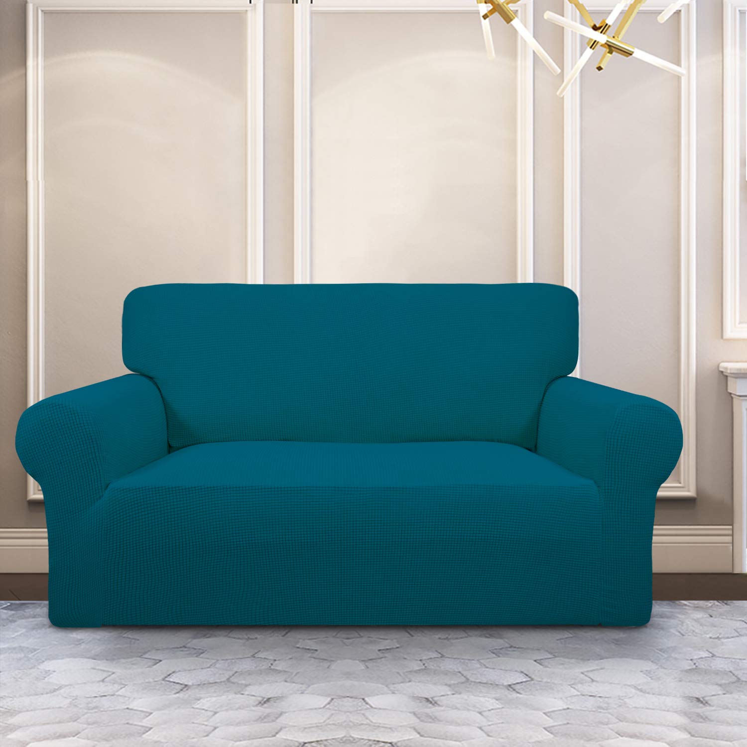 Purefit Stretch Loveseat Sofa Slipcover – Spandex Jacquard Non Slip Soft Couch Sofa Cover, Washable Furniture Protector With Non Skid Foam And Elastic Bottom For Kids (Loveseat, Peacock Blue)