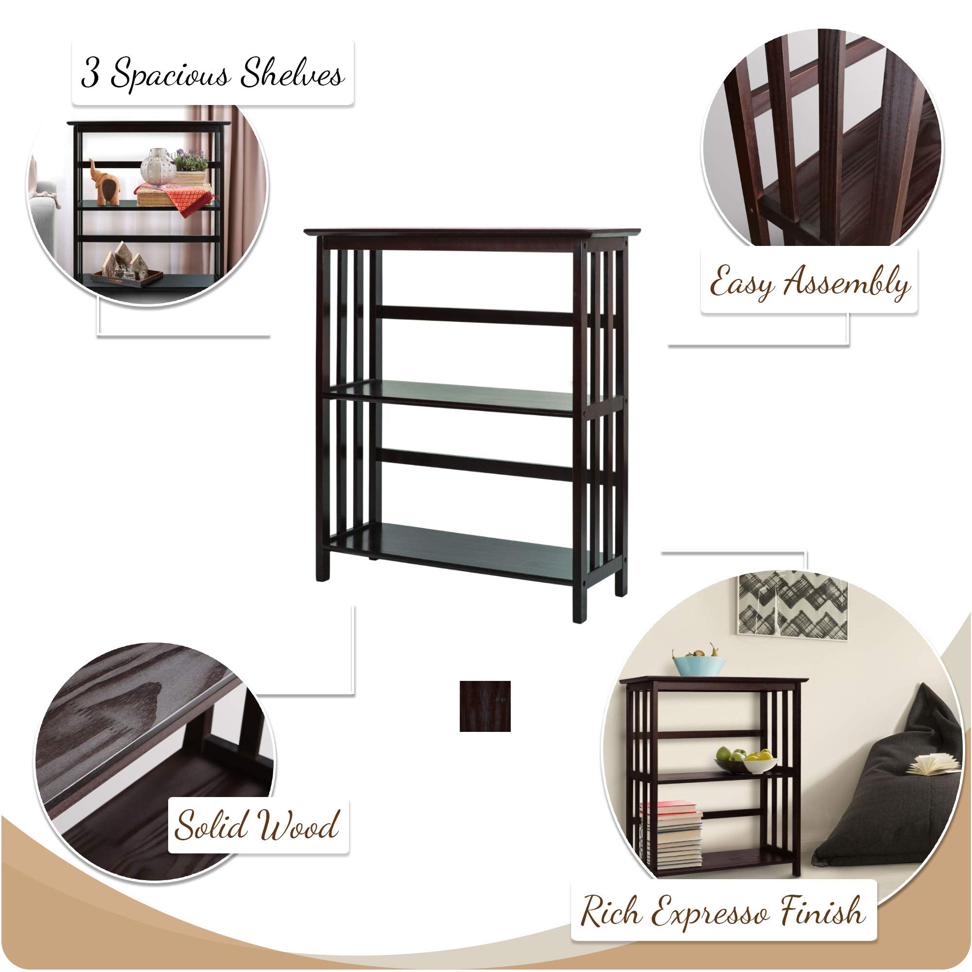 Casual Home Mission Style 3-Shelf Bookcase, Espresso