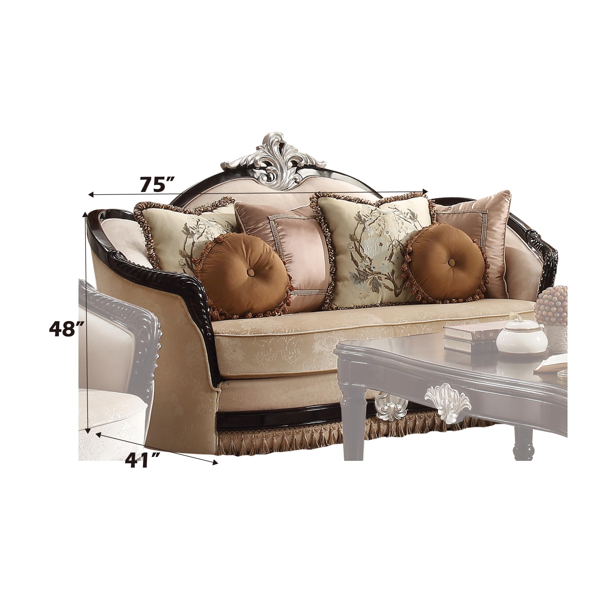 Acme Ernestine Loveseat (with 6 Pillows) in Tan Fabric & Black