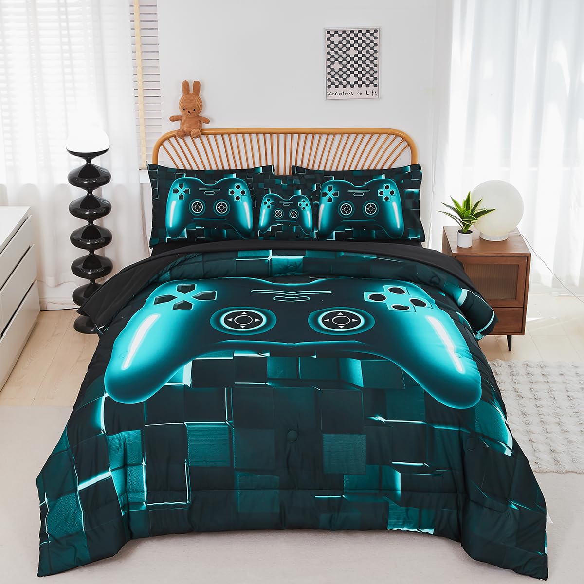 Perfemet 6-Piece Boys Gamer Comforter Set Queen Size Teal Blue Video Game Controller Bedding Set With Sheets Lightweight 3D Blac