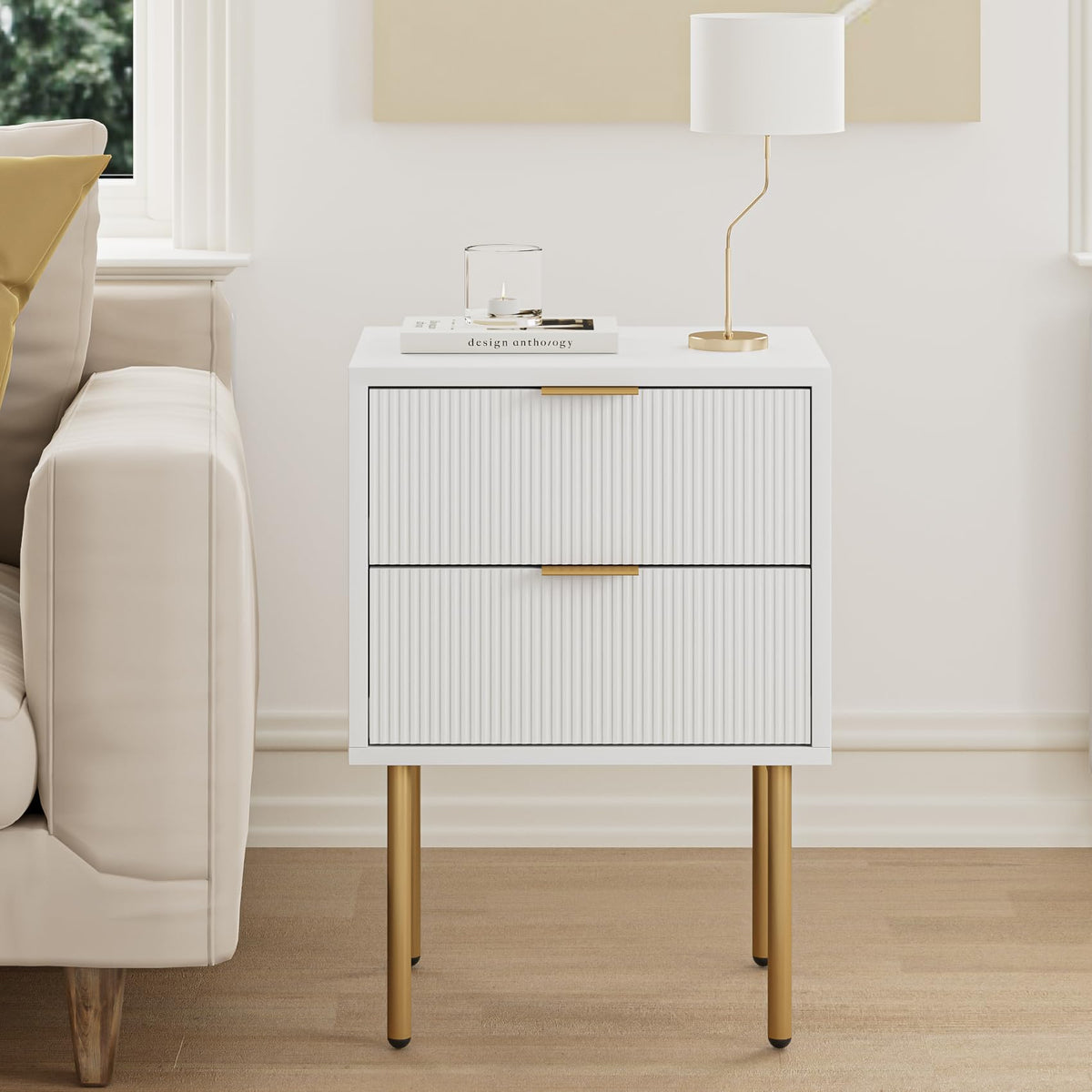 Masupu Nightstand,Mid-Century Modern Bedside Table With 2 Storage Drawer,Small Gold Frame Side End Table For Bedroom,Living Room, White