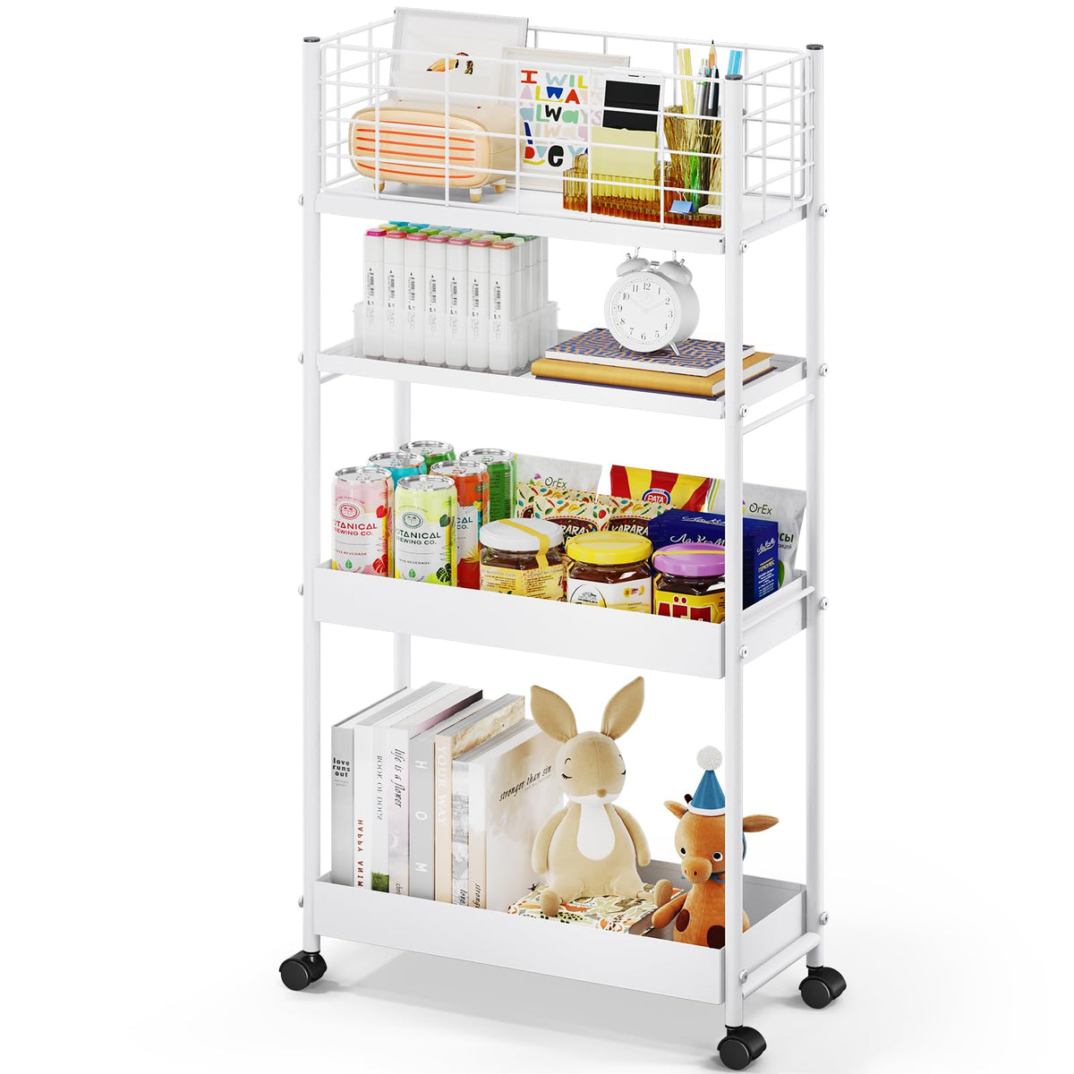 Kingrack Slim Storage Cart, 4-Tier Metal Utility Rolling Cart With Wheels, Narrow Mobile Shelving Unit, Bathroom Storage Organizer, For Office, Kitchen Bathroom, Laundry Room, Narrow Places, White