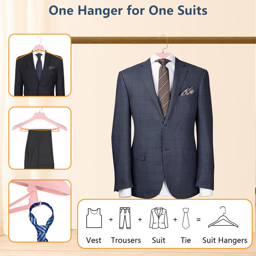 Dedu Suit Hangers For Men 10 Pack, Extra Wide Hangers Non Slip Width 17.7'', Pink Coat Hangers Thick Plastic With Pants Bar 360