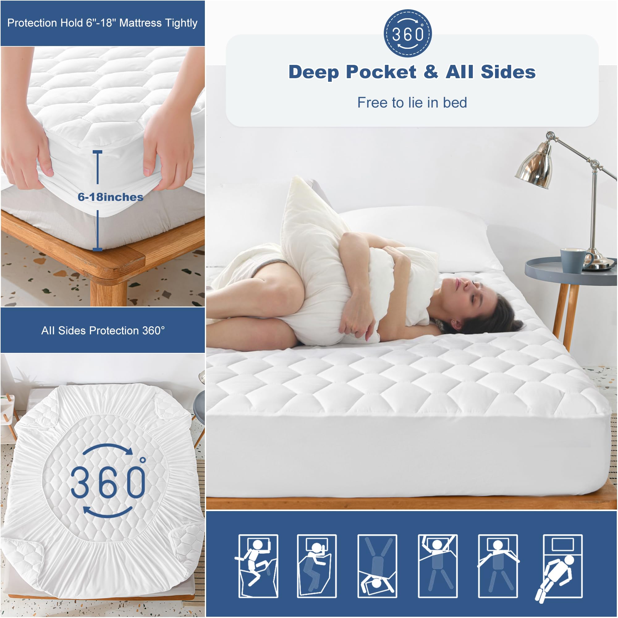 Grt Twin Mattress Protector Waterproof, 100% Waterproof Quilted Fitted Mattress Pad, Noiseless Hollow Cotton Mattress Cover, Fit