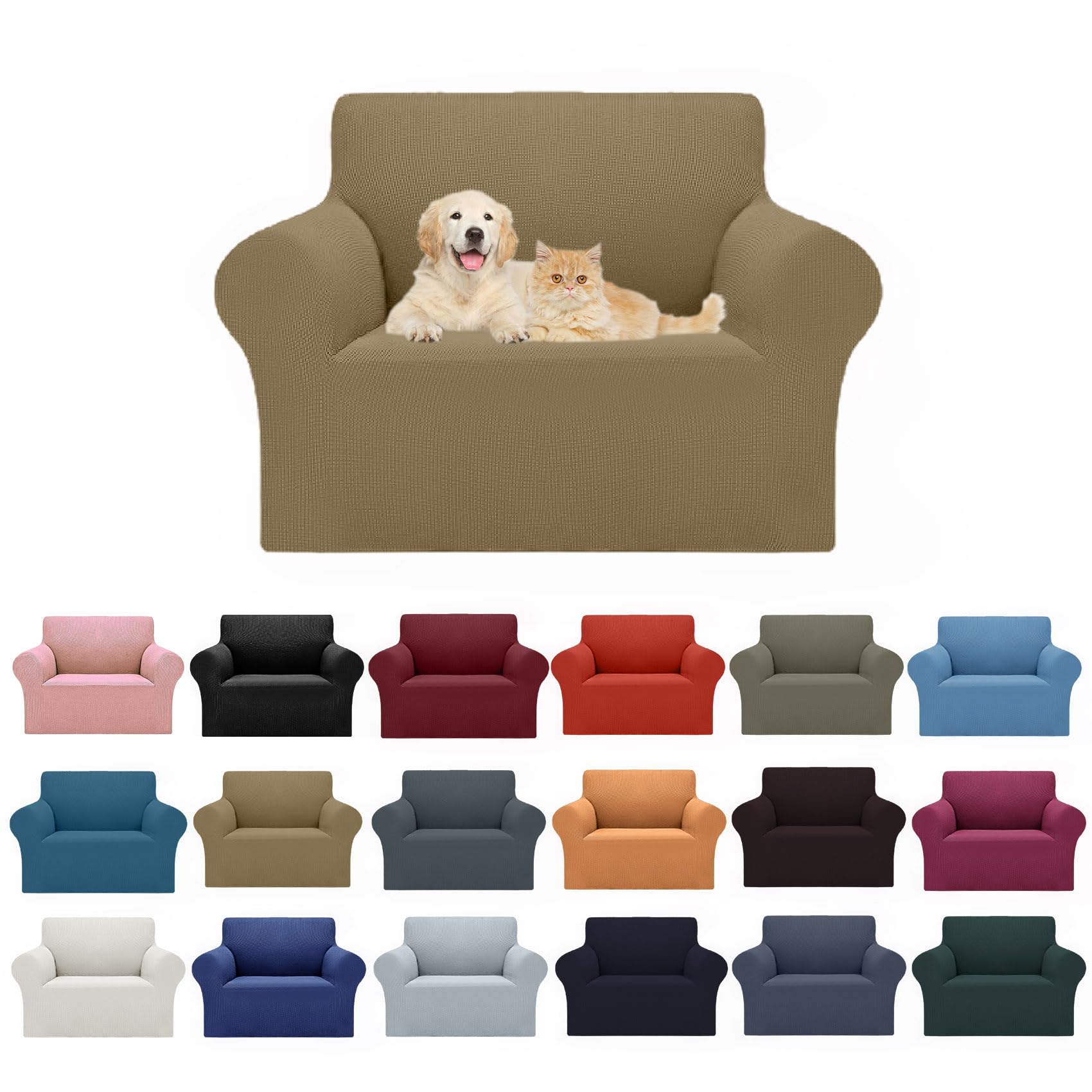 2025 New Stretch Chair Sofa Slipcovers Couch Cover For 1 Seater Furniture Protector Sofa Covers With Elastic Bottom Jacquard Fabric Small Checks For Pets, Kids - Tan