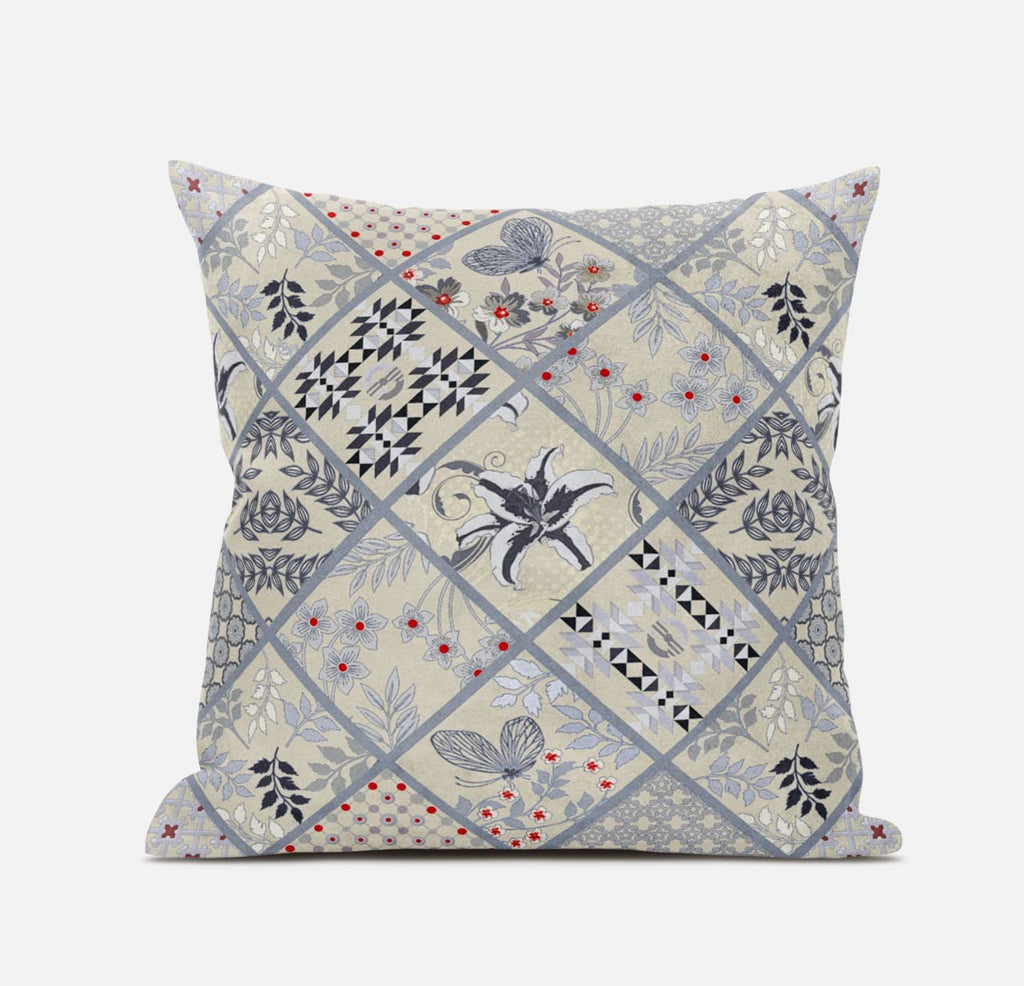 HomeRoots Dark Green Peach 16â€ Cream Gray Patch Suede Zippered Throw Pillow