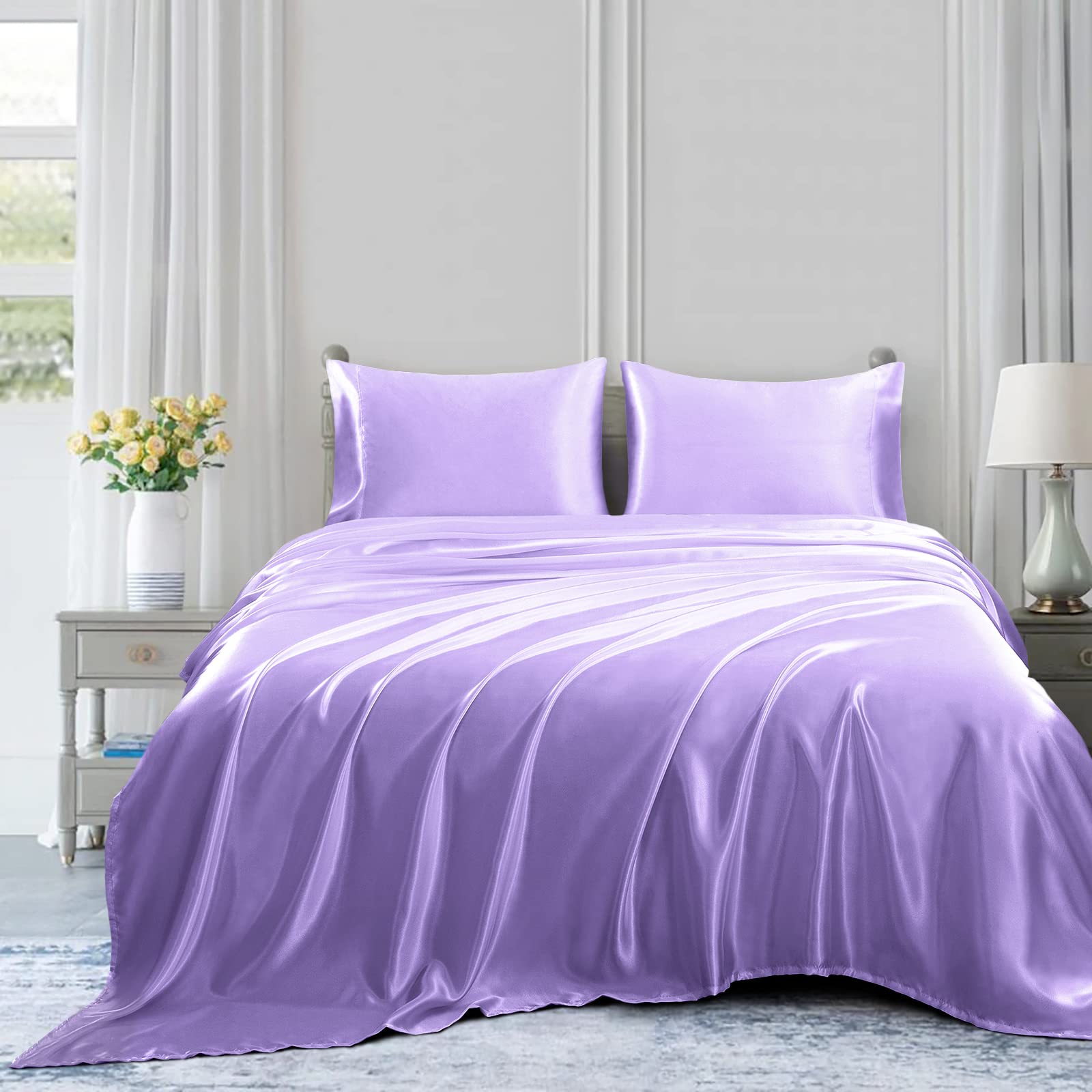 Homiest 4Pcs Satin Sheets Set Luxury Silky Satin Bedding Set With Deep Pocket, 1 Fitted Sheet + 1 Flat Sheet + 2 Pillowcases (Full Size, Lavender)