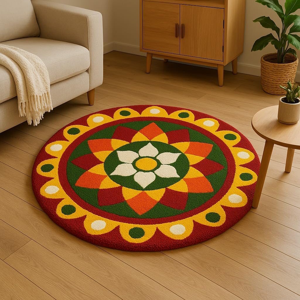 Flortex Rangoli (60x60 cm) Super Soft Microfiber 1800 GSM Decorative Mat AntiSkid Door Mats for Home/Bathroom Mat/Bedroom/Kitch