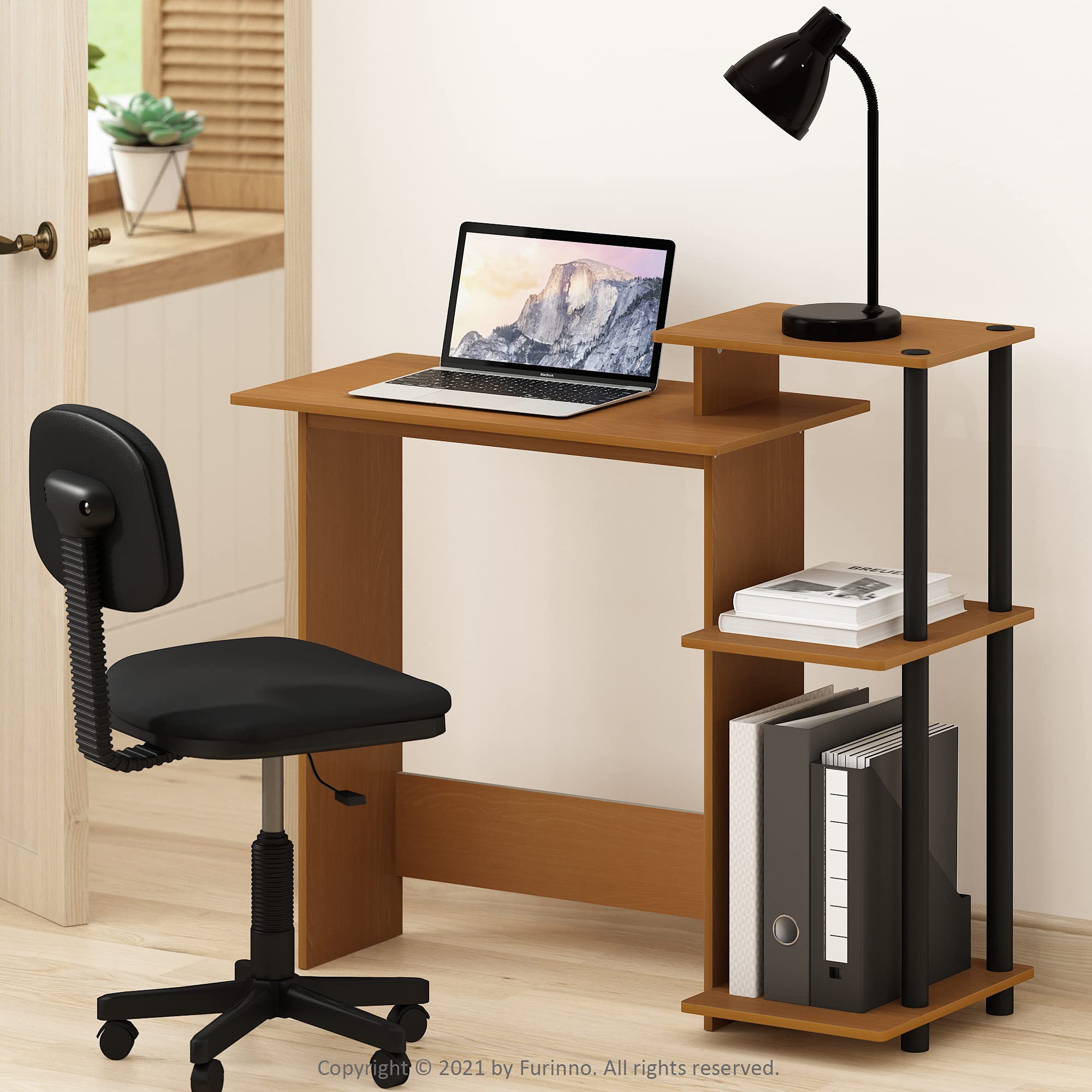 Furinno Efficient Home Laptop Notebook Computer Desk with Square Shelves, Light Cherry/Black