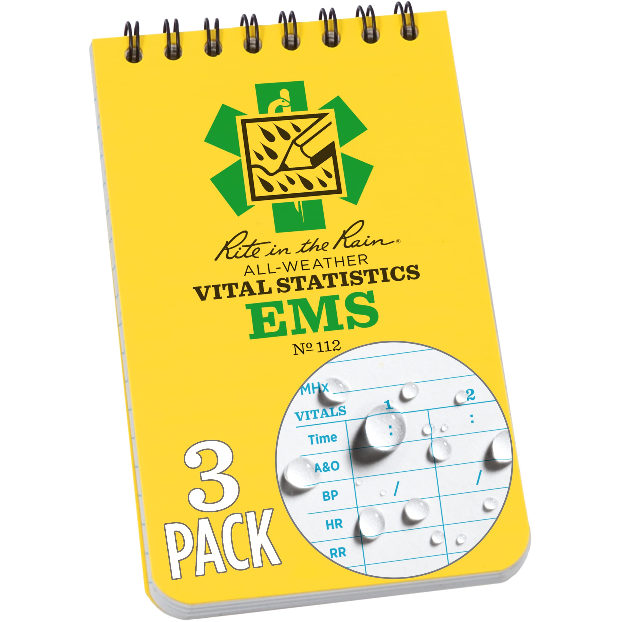 Rite In The Rain Weatherproof Ems Notebook, 3' X 5', Yellow Cover, Vital Stats Pages, 3 Pack (No. 112-3)
