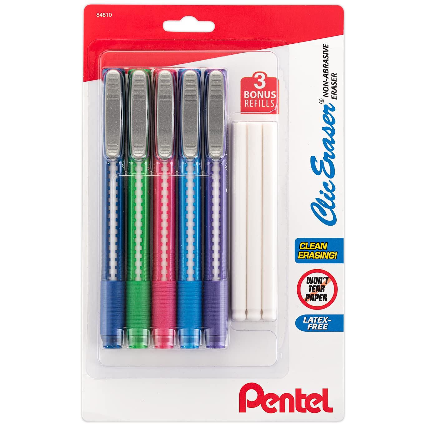Pentel Clic Eraser, Retractable Pen Style Grip - Pack Of 5 Assorted Colored Pencil Erasers + 3 Refills - For Art, Drafting & Ske