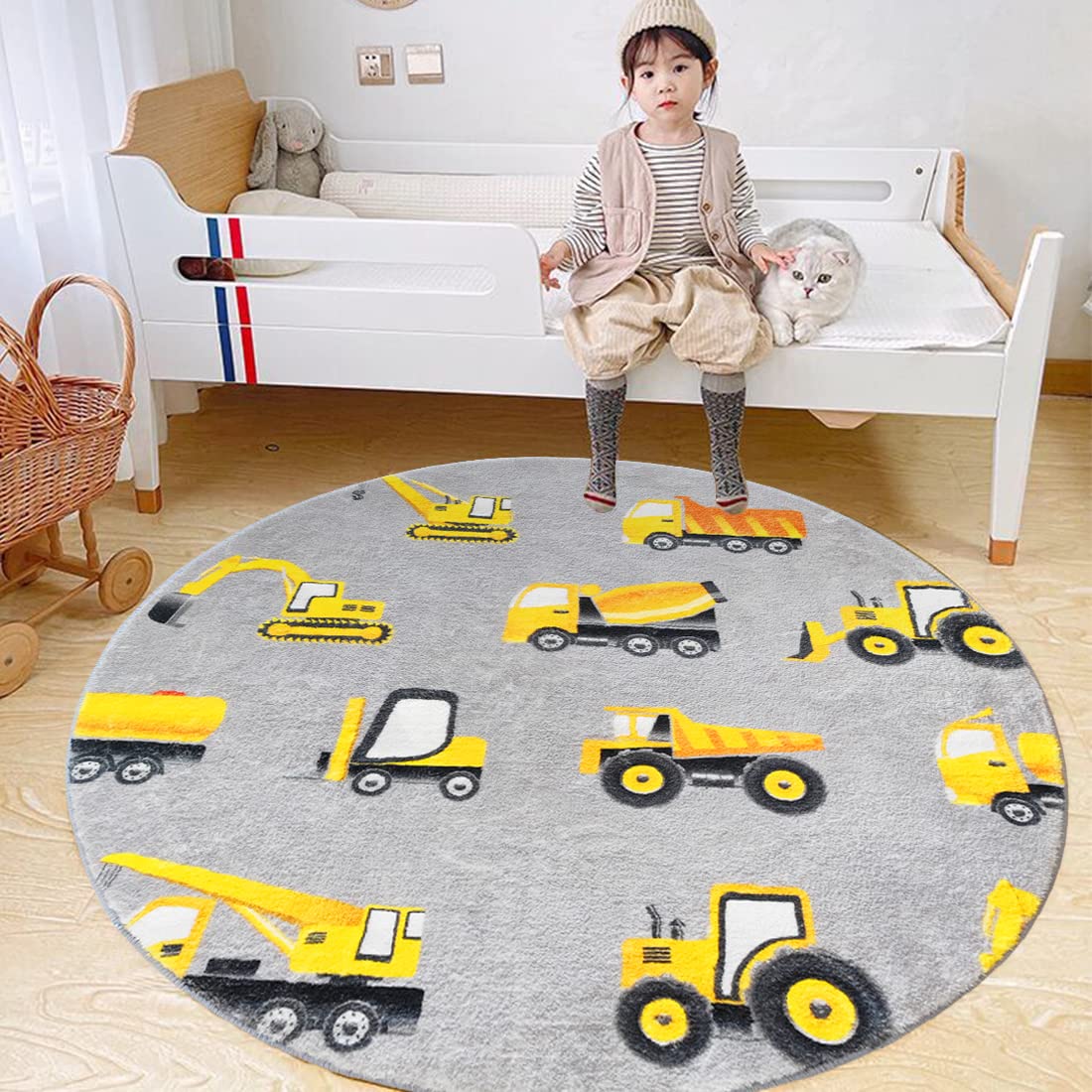 Poowe Round Construction Trucks Kids Area Rug Soft Fluffy Kids Construction Rugs For Playroom Nonslip Digger Nursery Rug For Boy