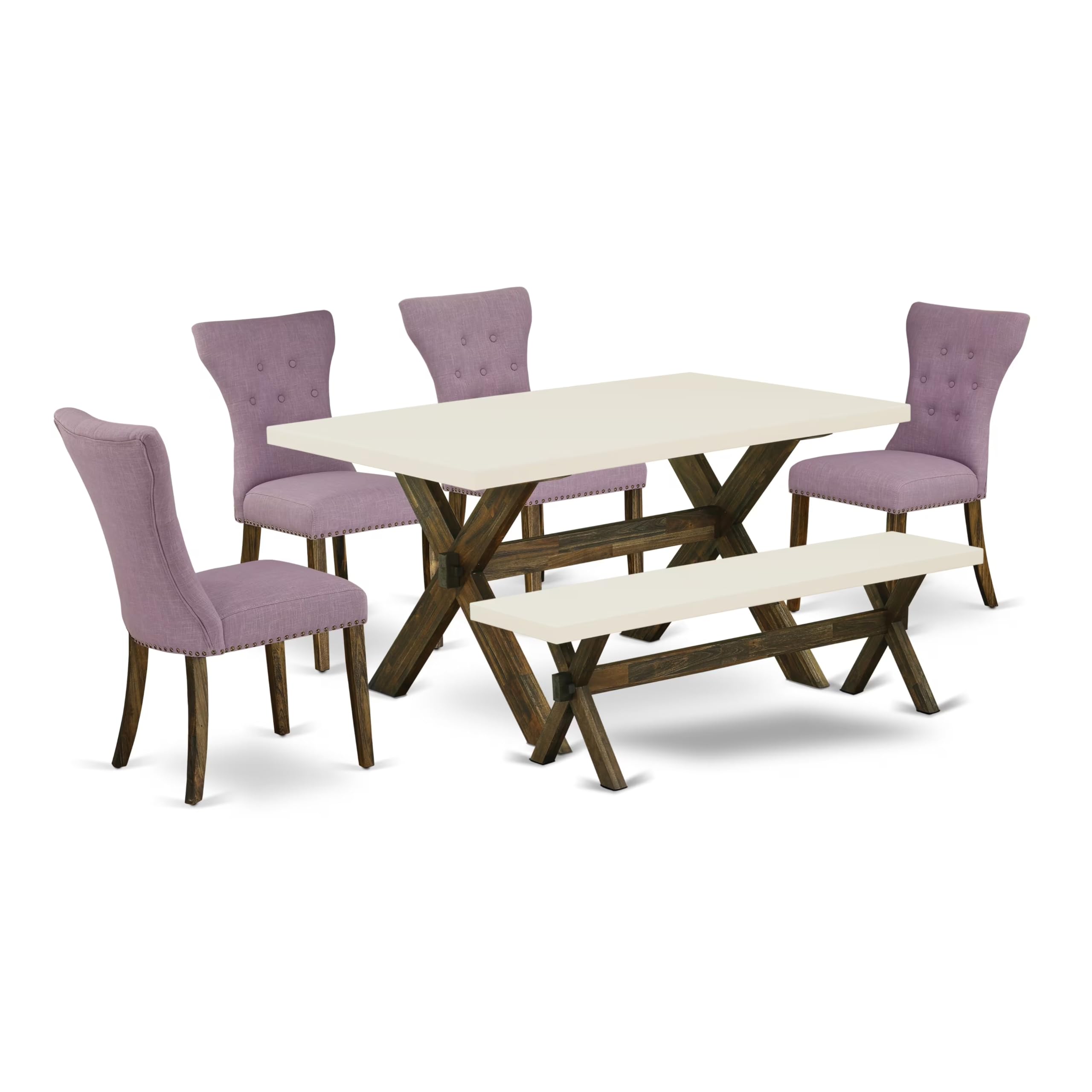 East West Furniture X726Ga740-6 6 Piece Dining Room Set Contains A Rectangle Dining Table With X-Legs And 4 Dahlia Linen Fabric Parson Chairs With A Bench, 36X60 Inch, Multi-Color