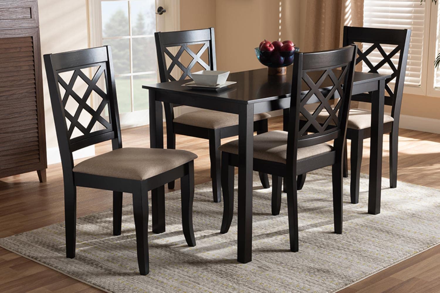 Baxton Studio Verner Modern and Contemporary Sand Fabric Upholstered Espresso Brown Finished 5-Piece Wood Dining Set