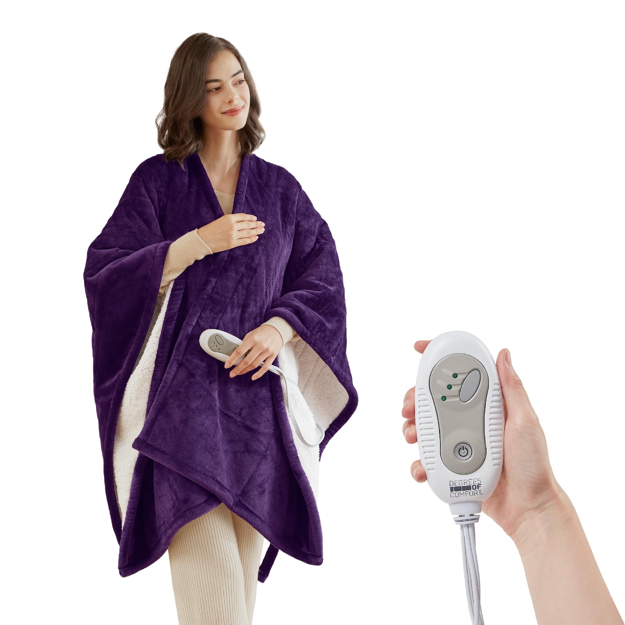 Degrees Of Comfort Heated Sherpa Wrap Shawl, Cozy Winter Electric Blanket Throw, For Grandma Mom Women, Washable, Auto Shut-Off,