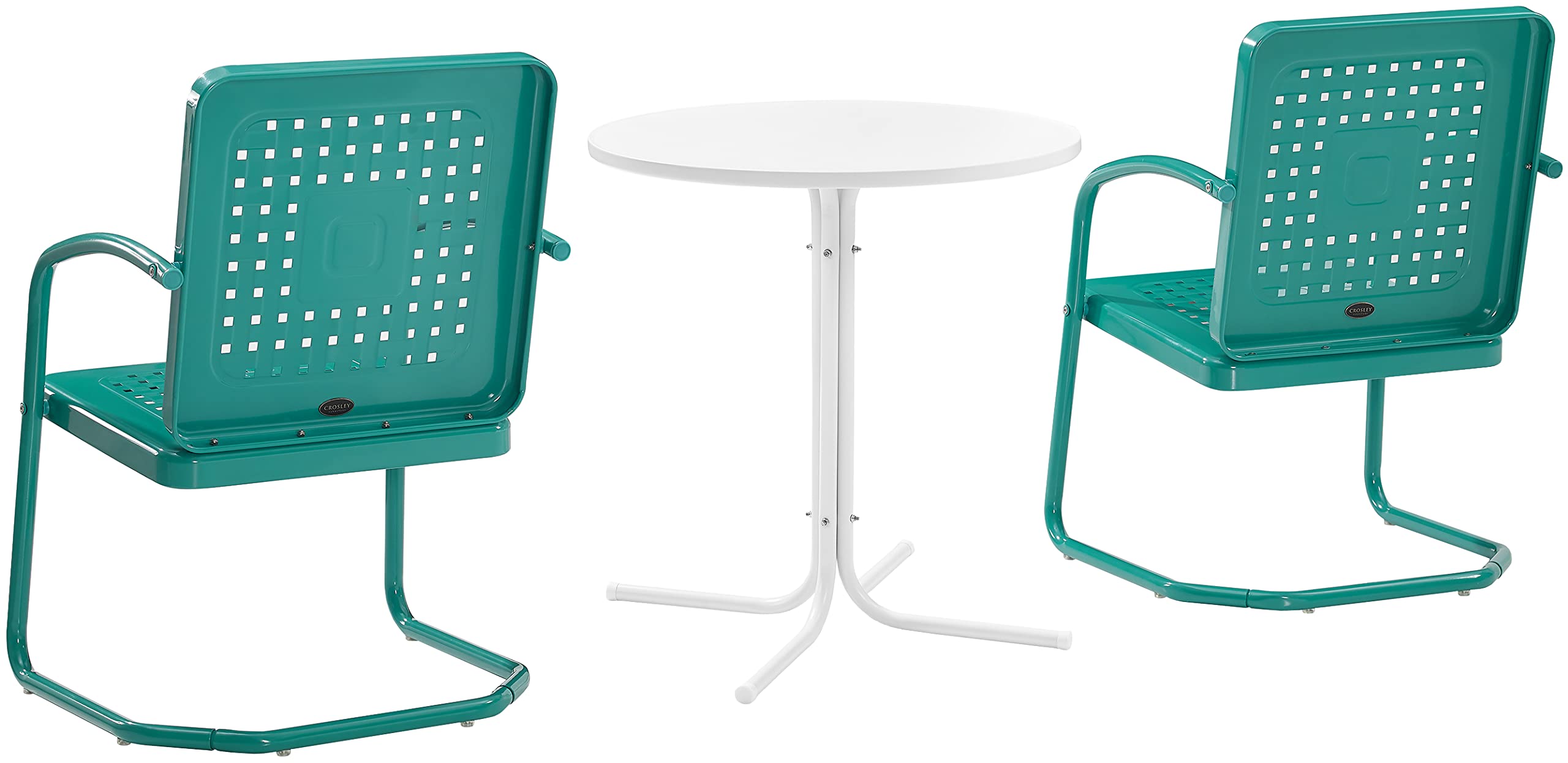 Crosley Furniture Bates 3-Piece Outdoor Bistro Set, Retro Metal Patio Table and Chairs for Dining, Porch, Turquoise Gloss and White Satin